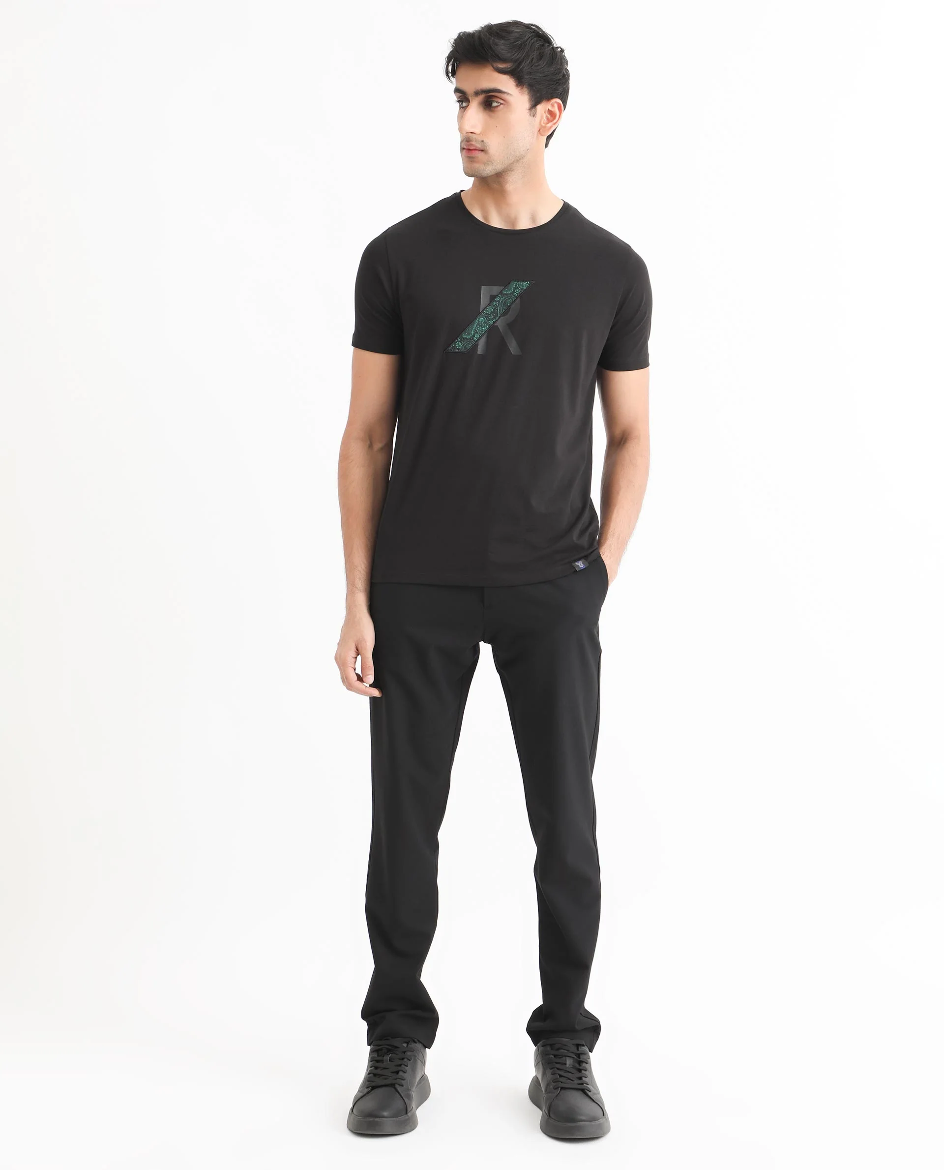 Rare Rabbit Men's Clayton Black Cotton Graphic Print Slim Fit Half Sleeve Crew Neck T-Shirt - Image 8