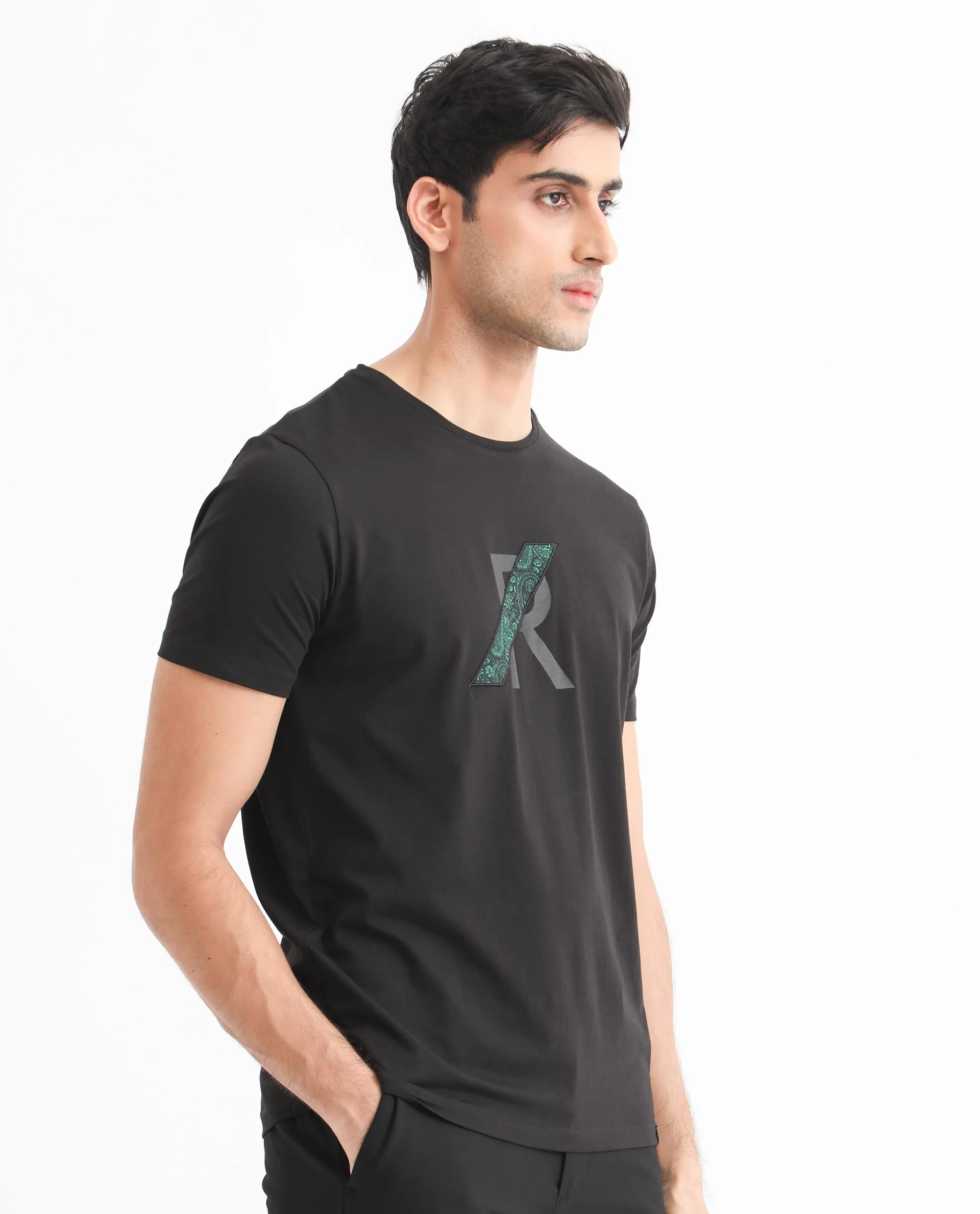 Rare Rabbit Men's Clayton Black Cotton Graphic Print Slim Fit Half Sleeve Crew Neck T-Shirt - Image 9
