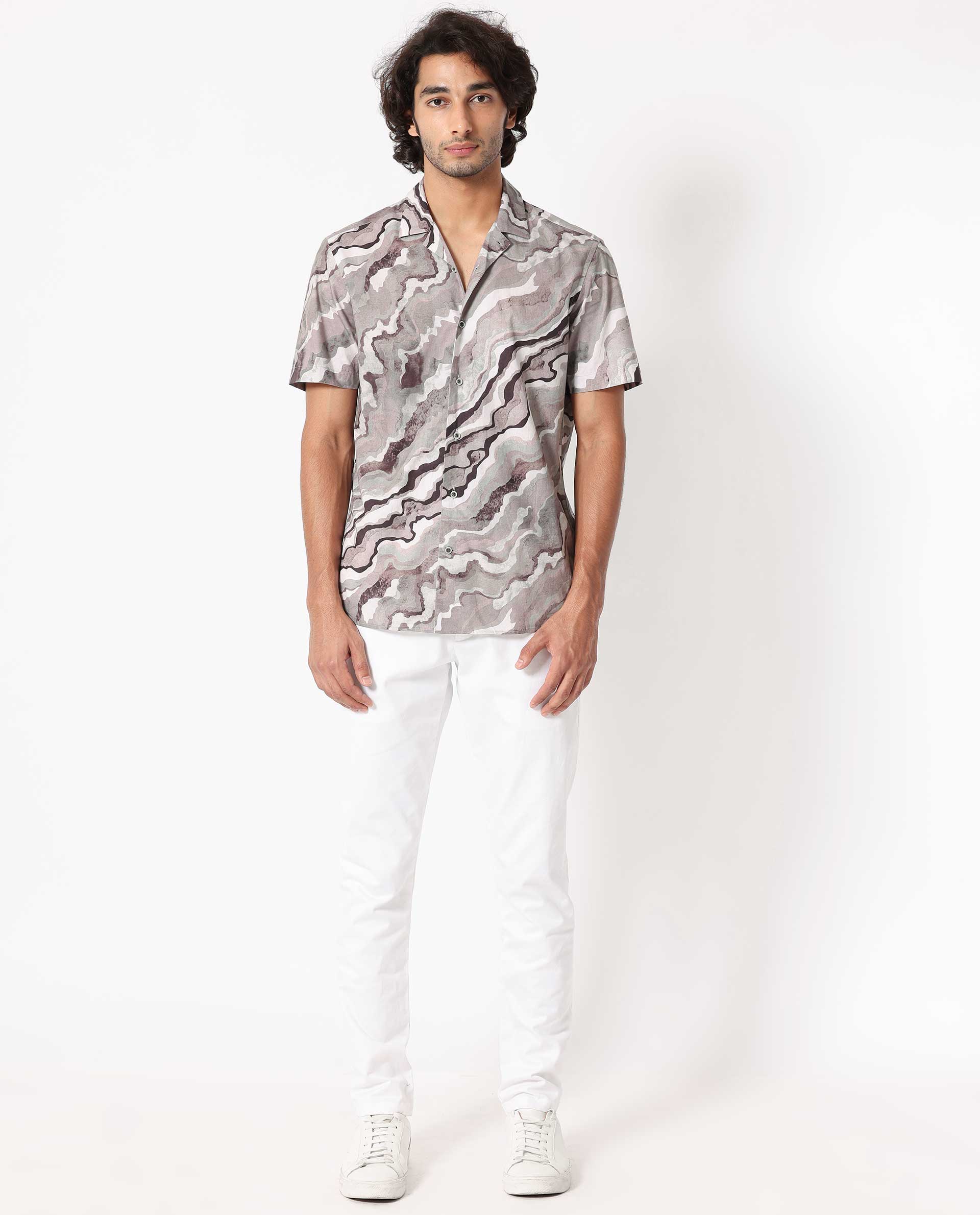 Rare Rabbit Men's Clay Beige Cotton Abstract Print Regular Fit Half Sleeve Cuban Collar Shirt - Image 2
