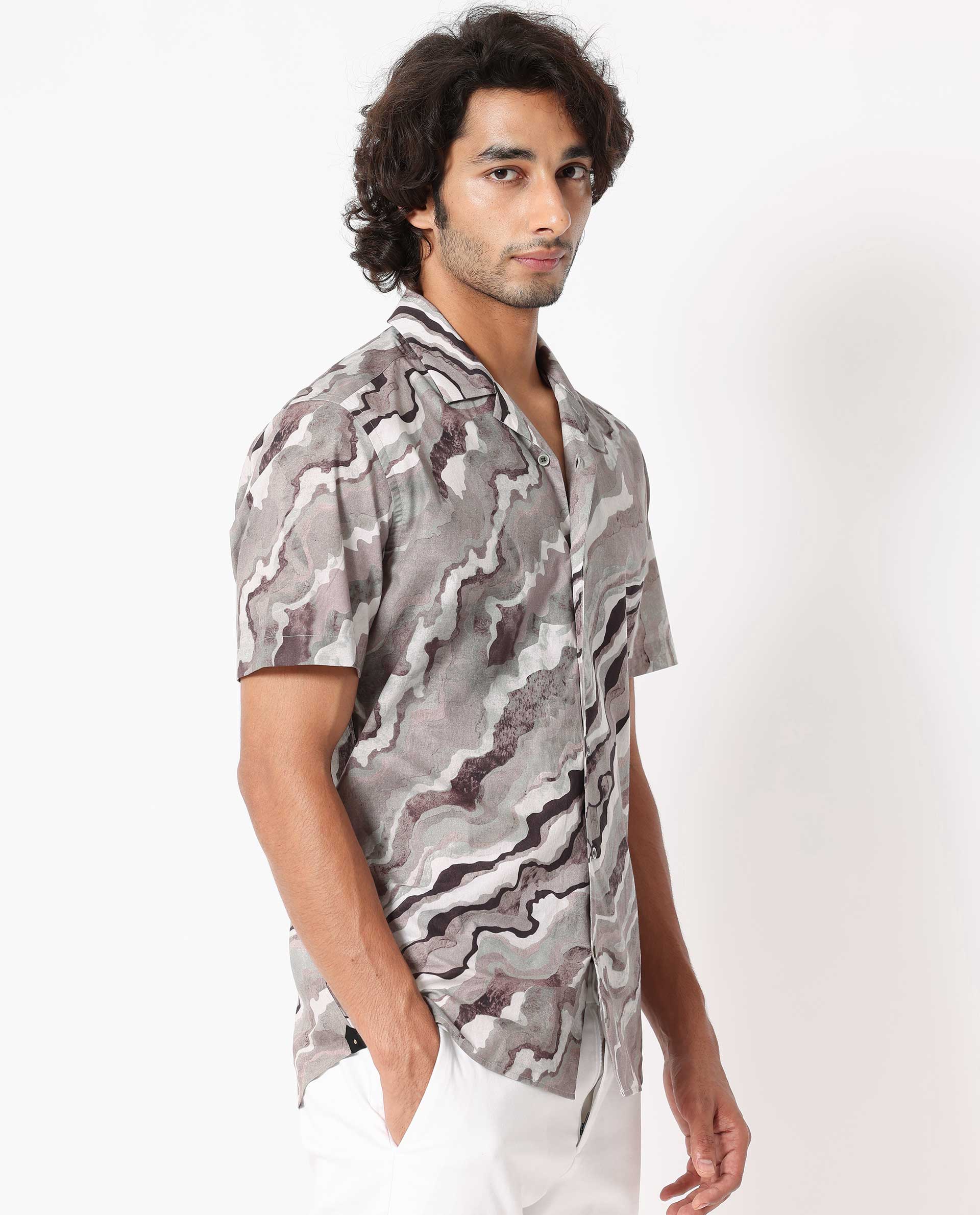 Rare Rabbit Men's Clay Beige Cotton Abstract Print Regular Fit Half Sleeve Cuban Collar Shirt - Image 3