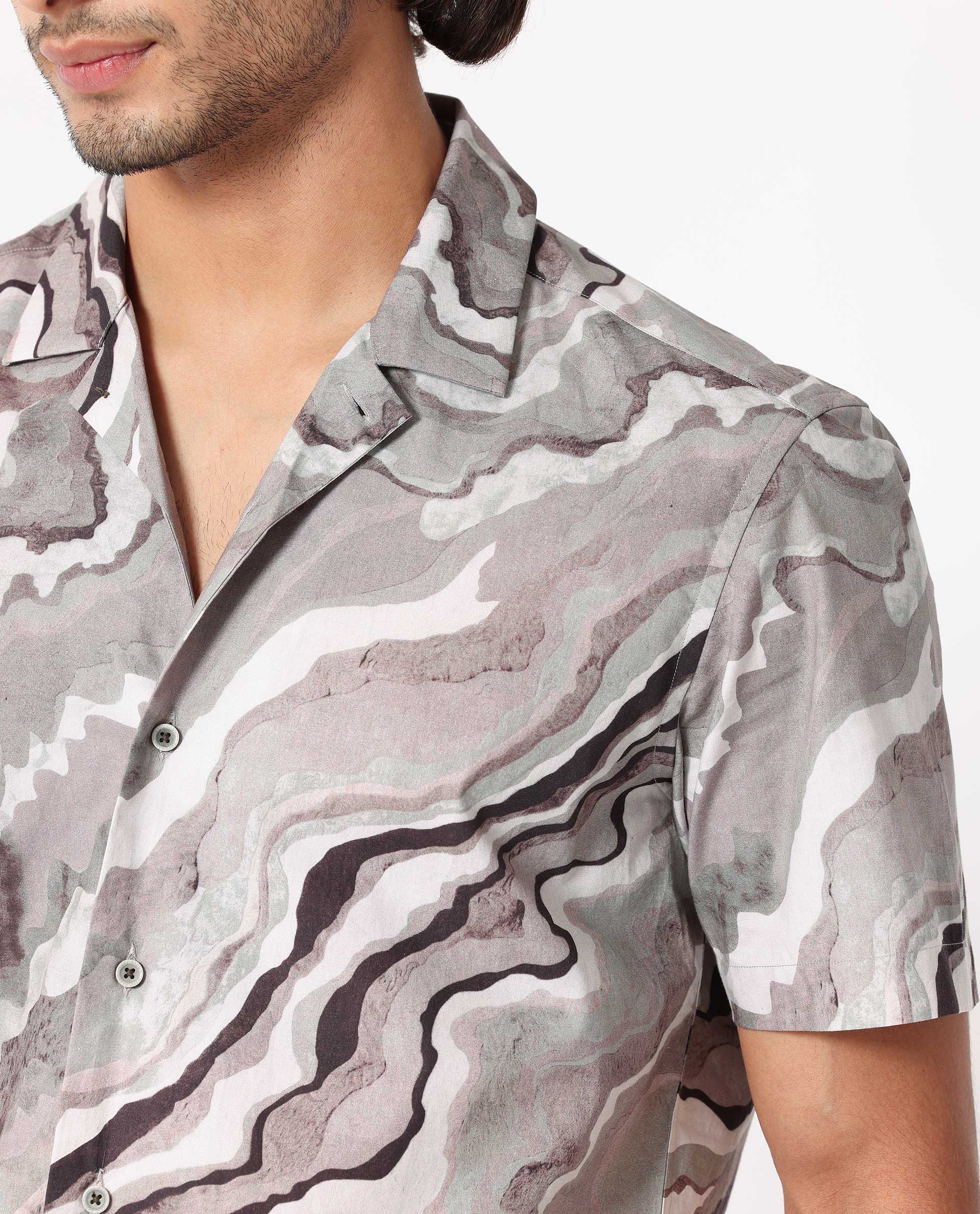 Rare Rabbit Men's Clay Beige Cotton Abstract Print Regular Fit Half Sleeve Cuban Collar Shirt - Image 4