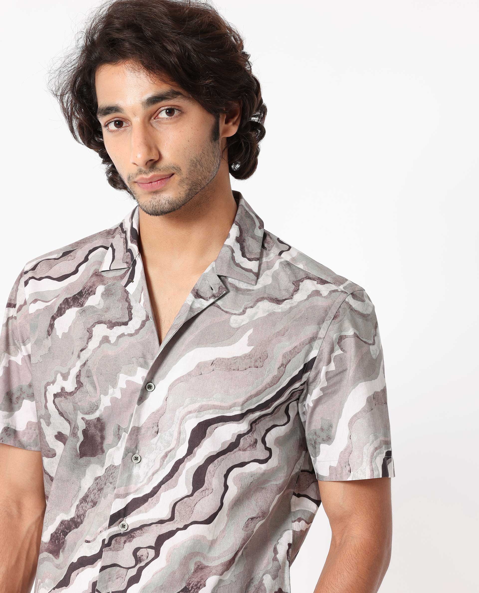 Rare Rabbit Men's Clay Beige Cotton Abstract Print Regular Fit Half Sleeve Cuban Collar Shirt - Image 5