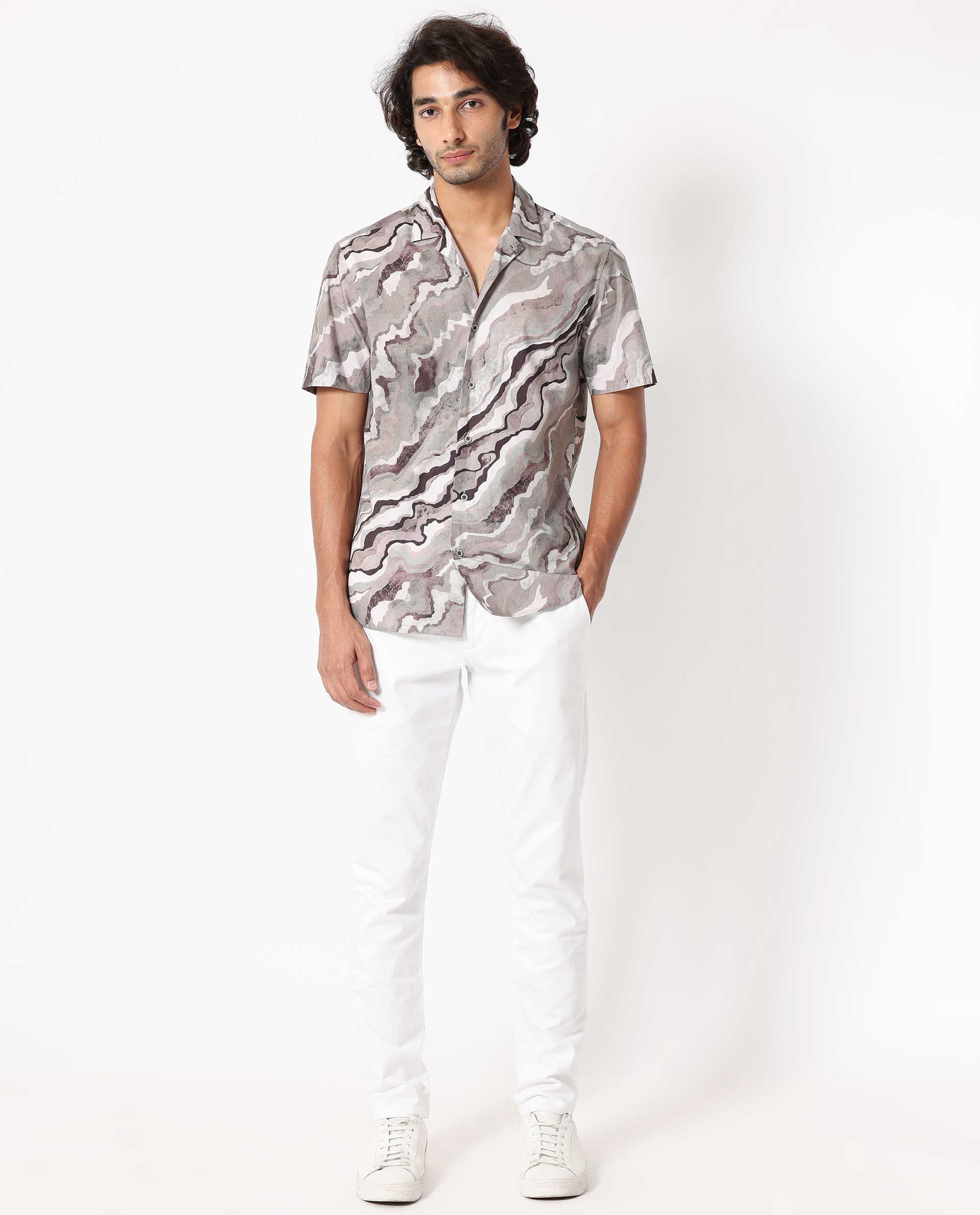 Rare Rabbit Men's Clay Beige Cotton Abstract Print Regular Fit Half Sleeve Cuban Collar Shirt - Image 6