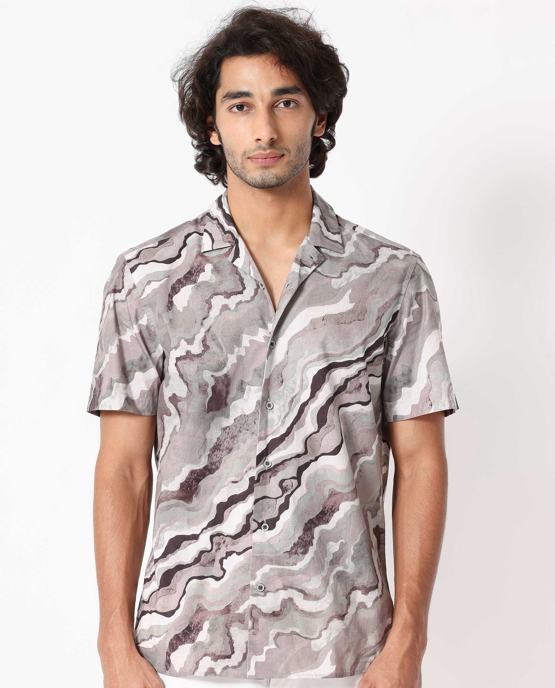 Rare Rabbit Men's Clay Beige Cotton Abstract Print Regular Fit Half Sleeve Cuban Collar Shirt - Image 7