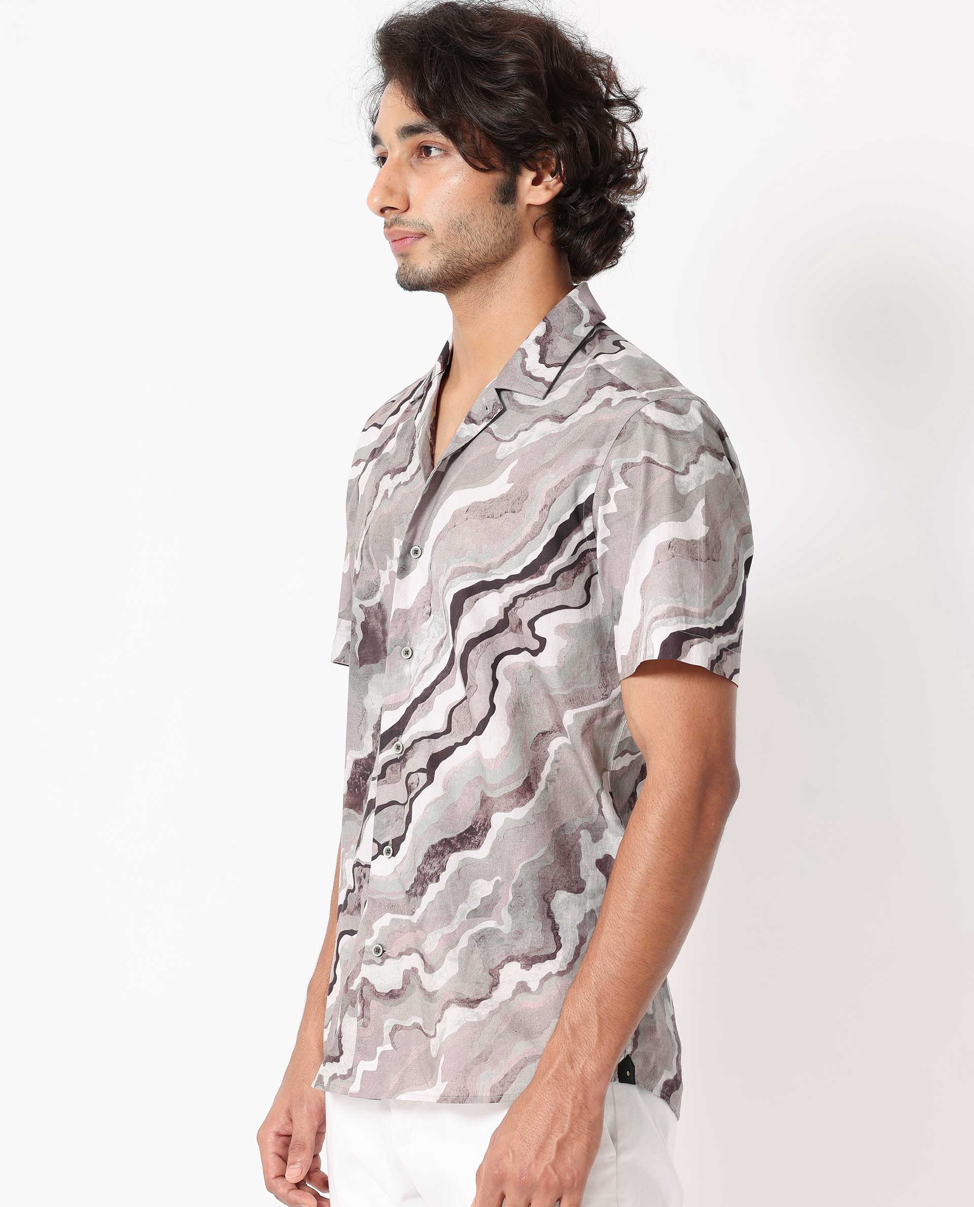 Rare Rabbit Men's Clay Beige Cotton Abstract Print Regular Fit Half Sleeve Cuban Collar Shirt - Image 8