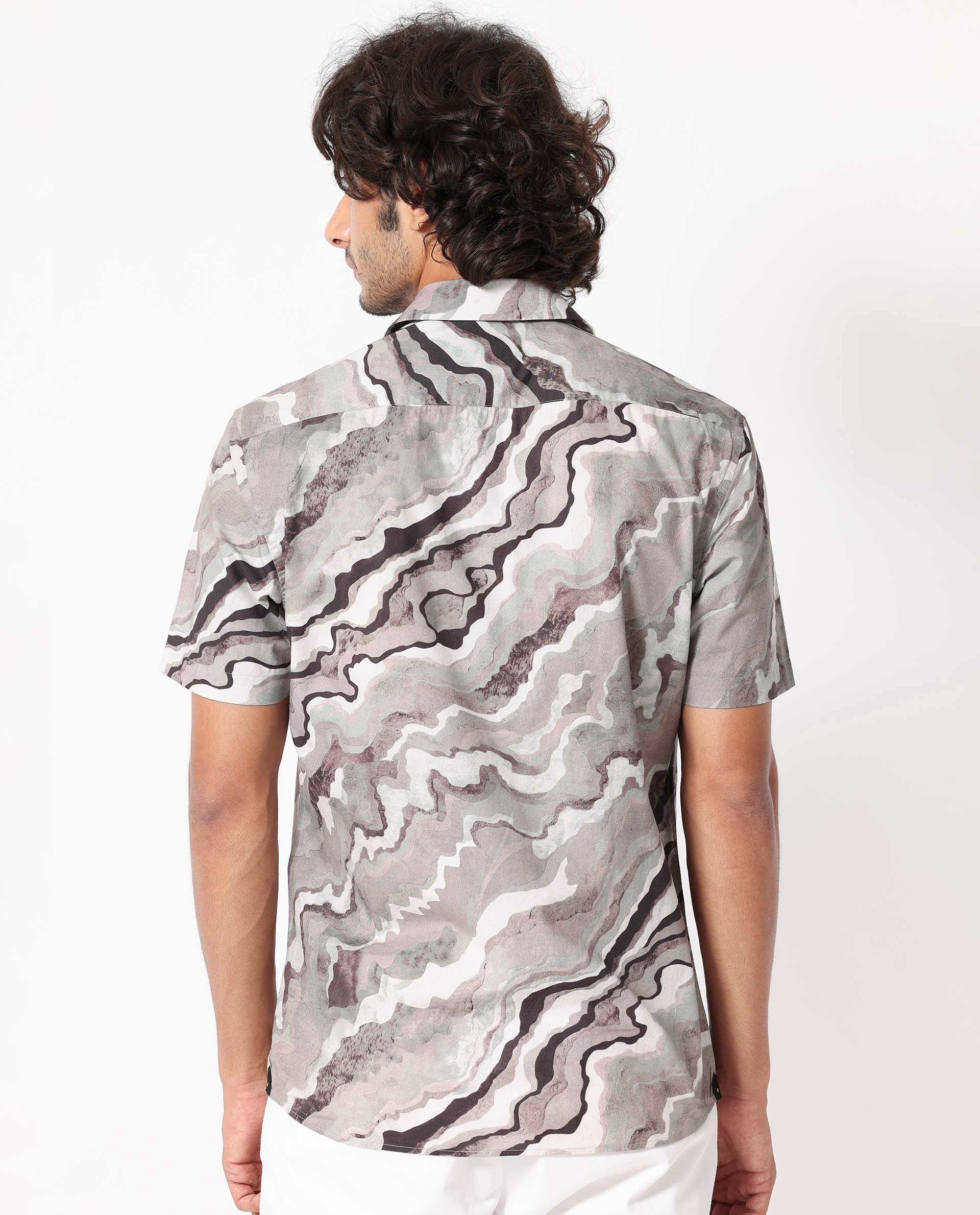 Rare Rabbit Men's Clay Beige Cotton Abstract Print Regular Fit Half Sleeve Cuban Collar Shirt - Image 9