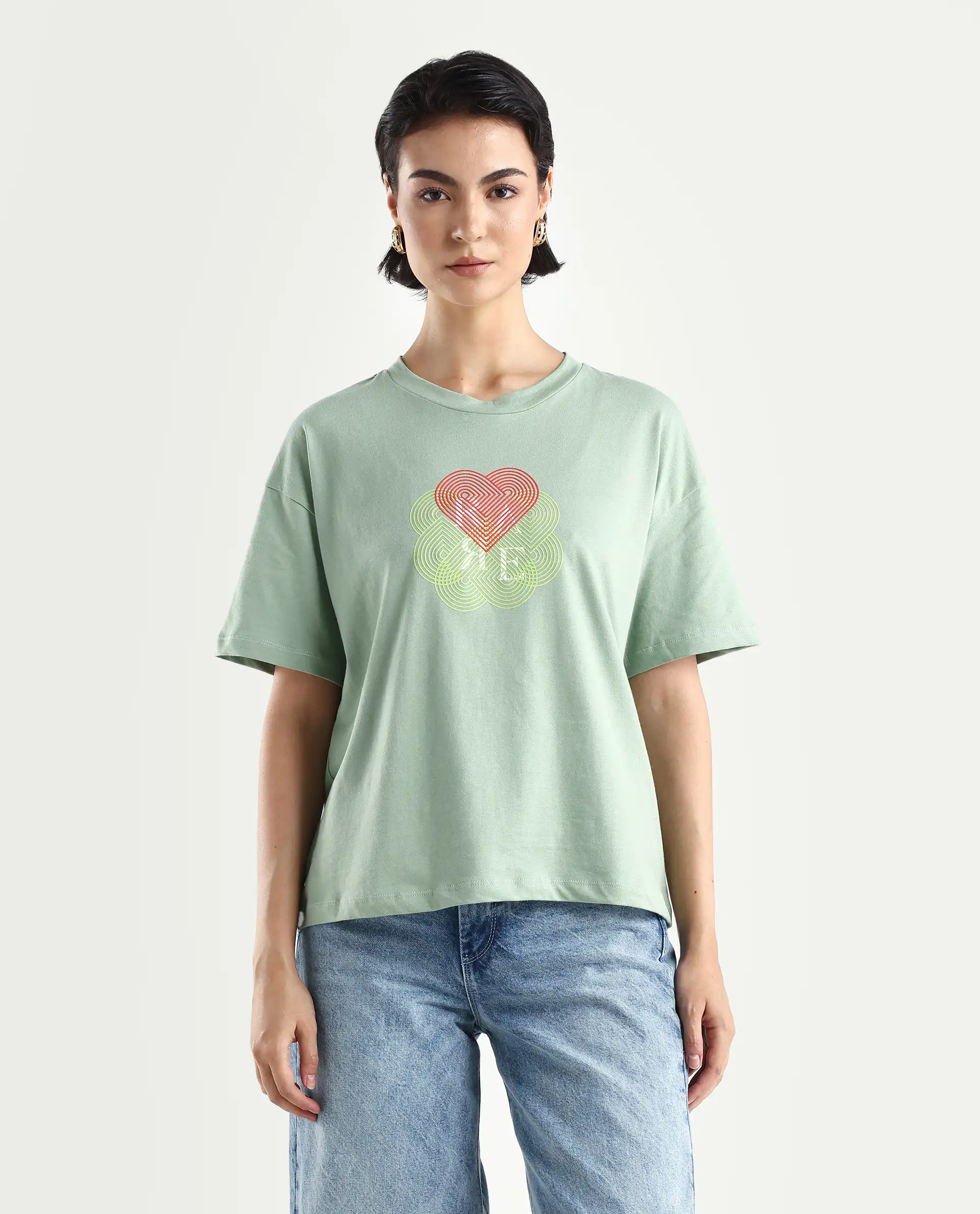 Rareism Women's Clea-R Dusky Green Knit Crew Neck Plain T-Shirt - Image 3