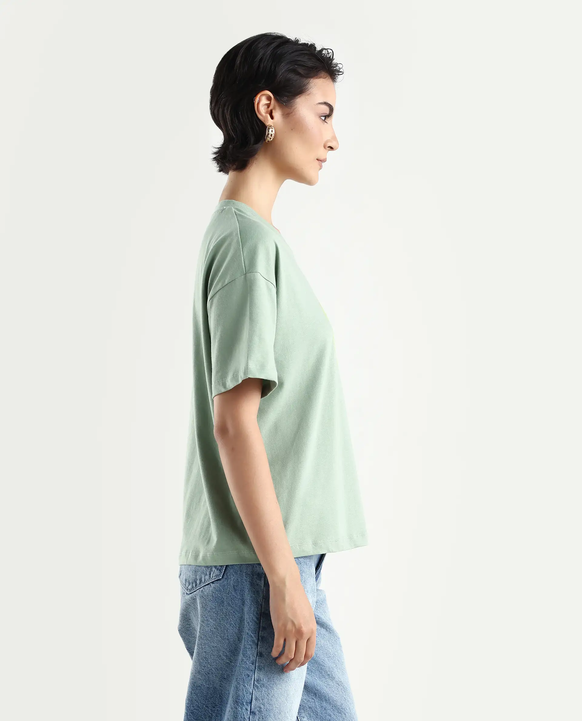 Rareism Women's Clea-R Dusky Green Knit Crew Neck Plain T-Shirt - Image 6