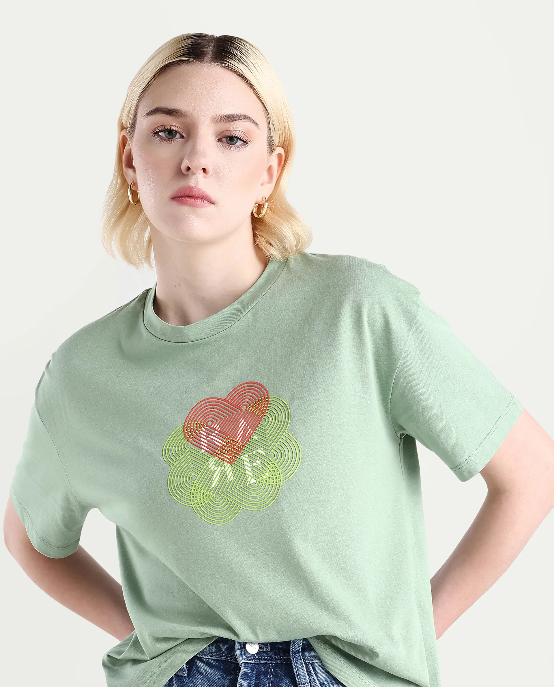 Rareism Women's Clea Dusky Green Cotton Blend Crew Neck Graphic Print Regular Fit T-Shirt