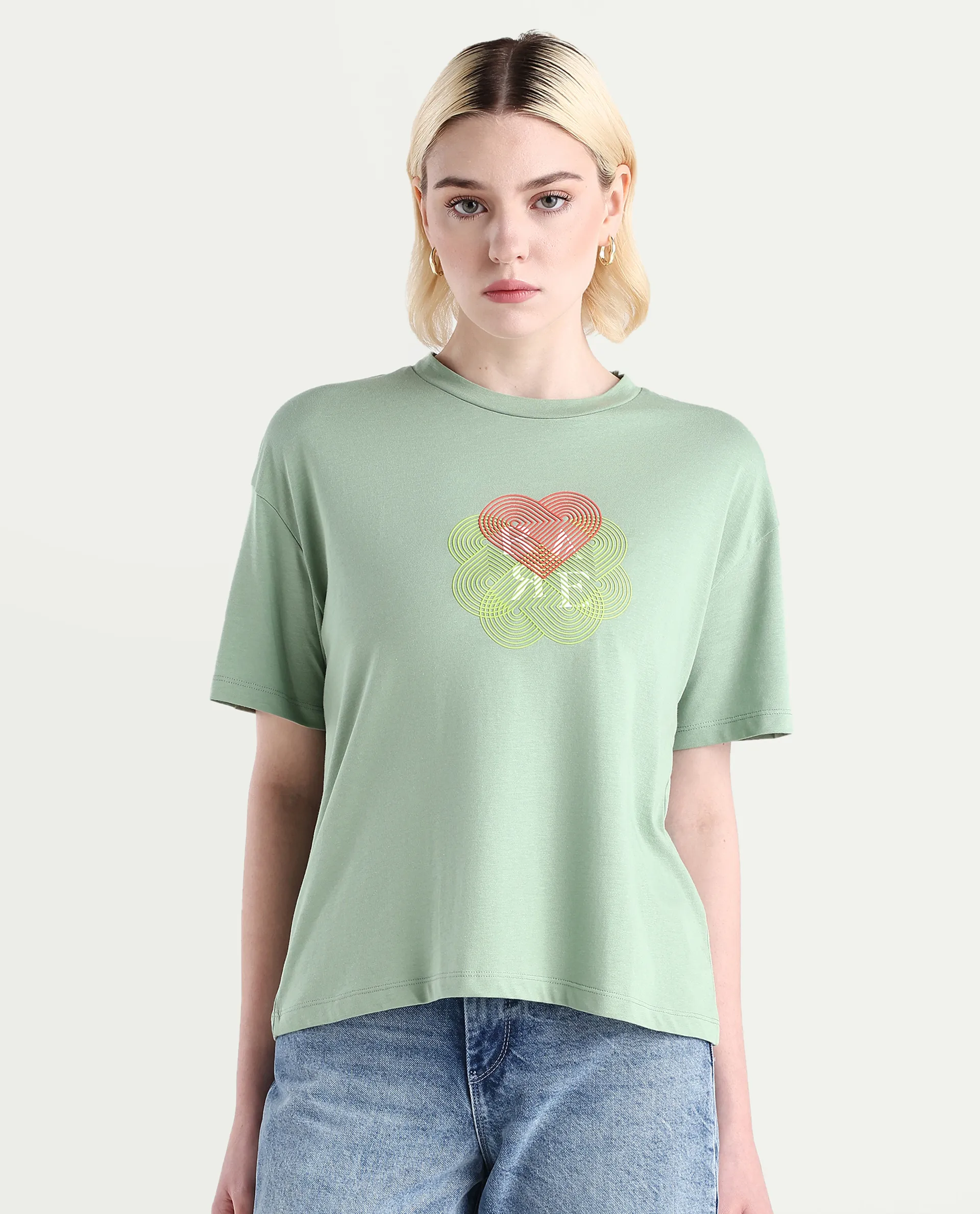 Rareism Women's Clea Dusky Green Cotton Blend Crew Neck Graphic Print Regular Fit T-Shirt - Image 3