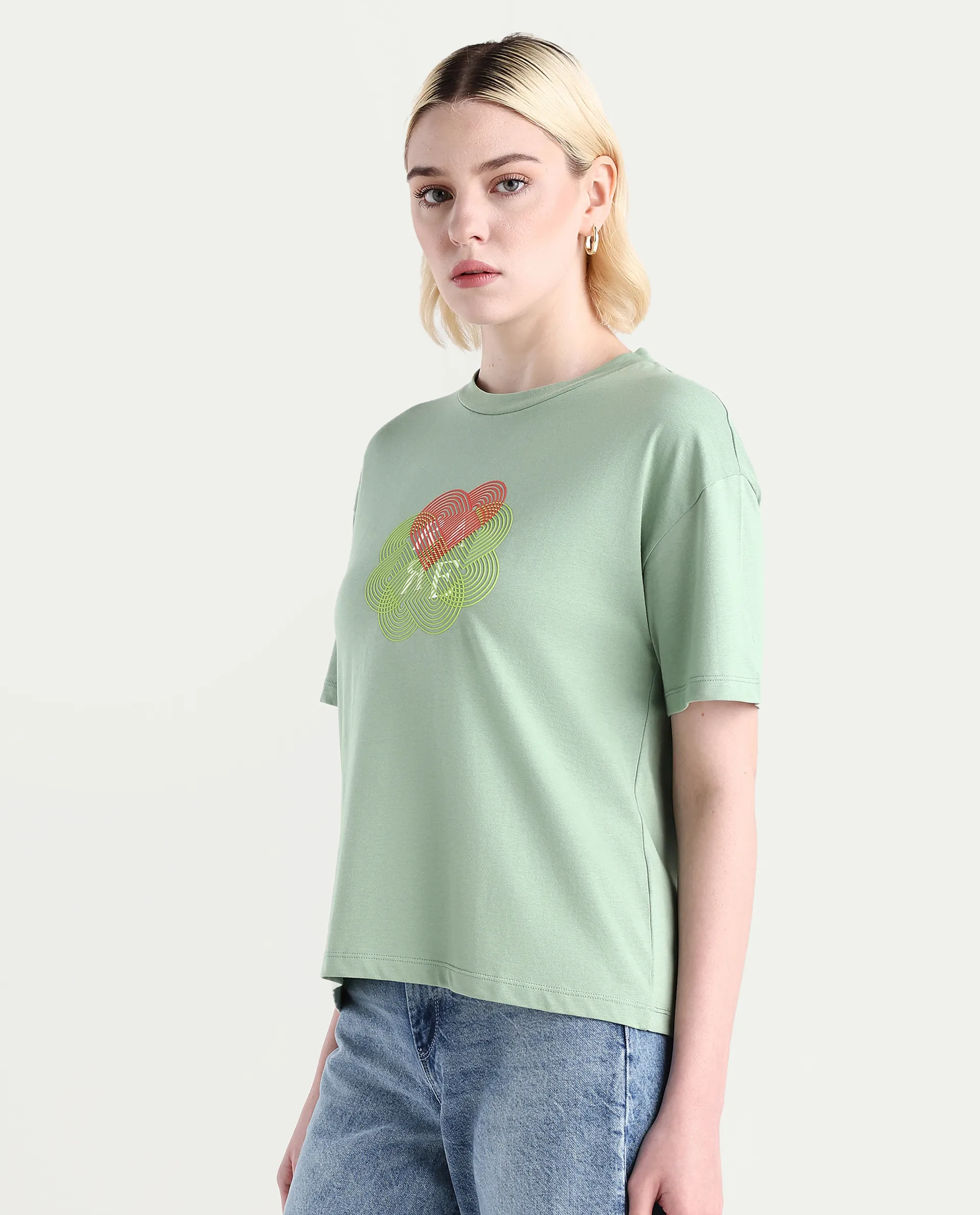 Rareism Women's Clea Dusky Green Cotton Blend Crew Neck Graphic Print Regular Fit T-Shirt - Image 5