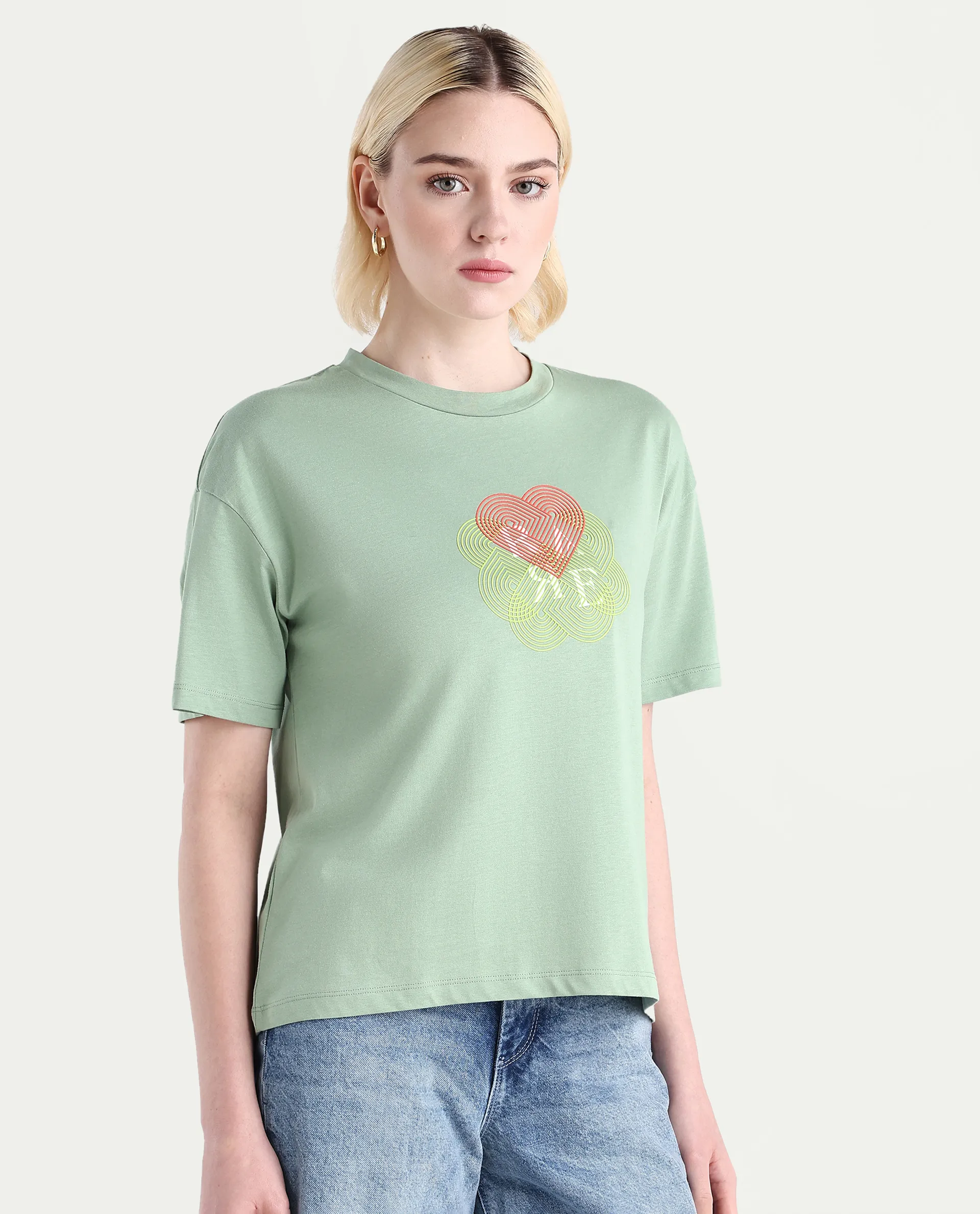 Rareism Women's Clea Dusky Green Cotton Blend Crew Neck Graphic Print Regular Fit T-Shirt - Image 6