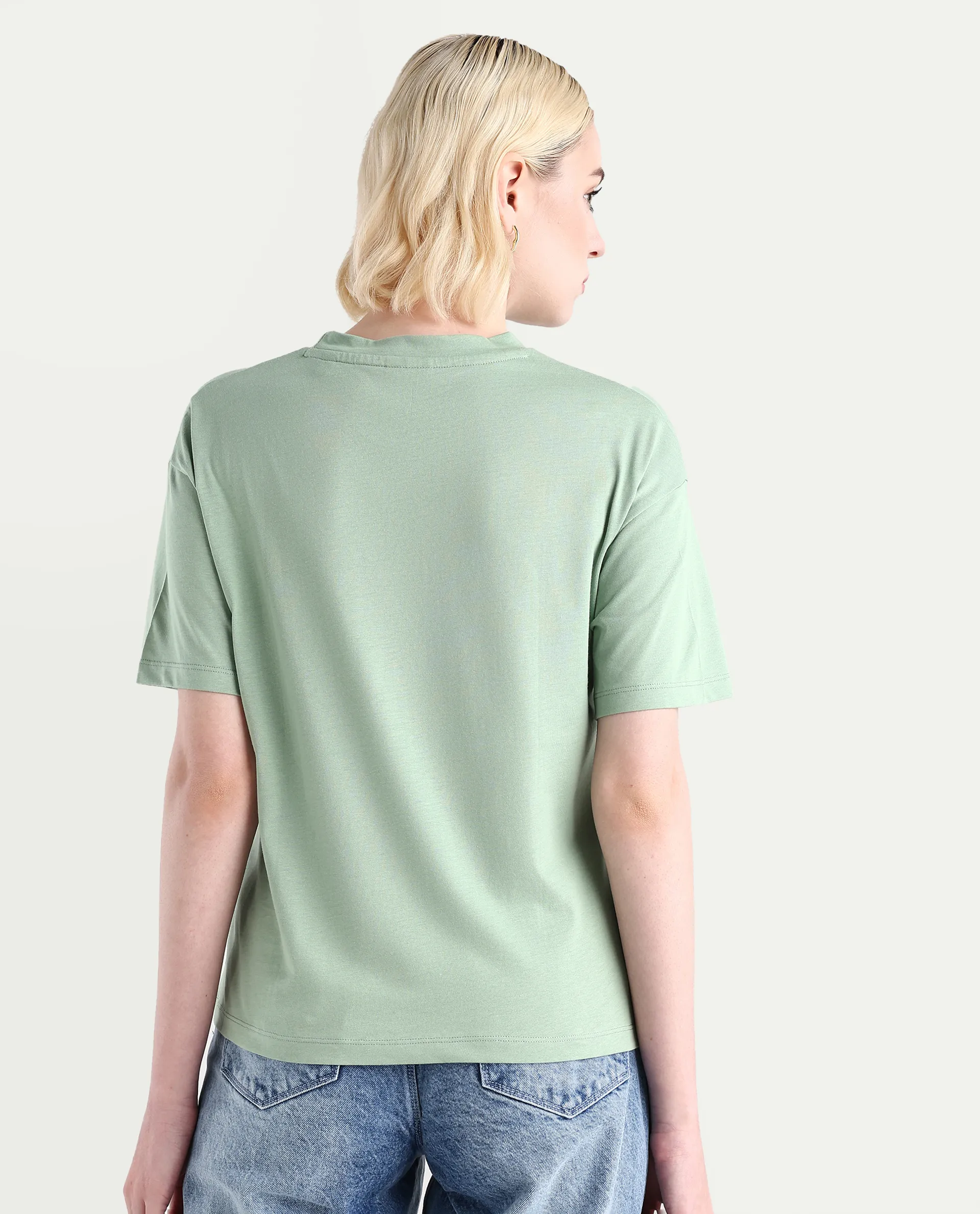 Rareism Women's Clea Dusky Green Cotton Blend Crew Neck Graphic Print Regular Fit T-Shirt - Image 7