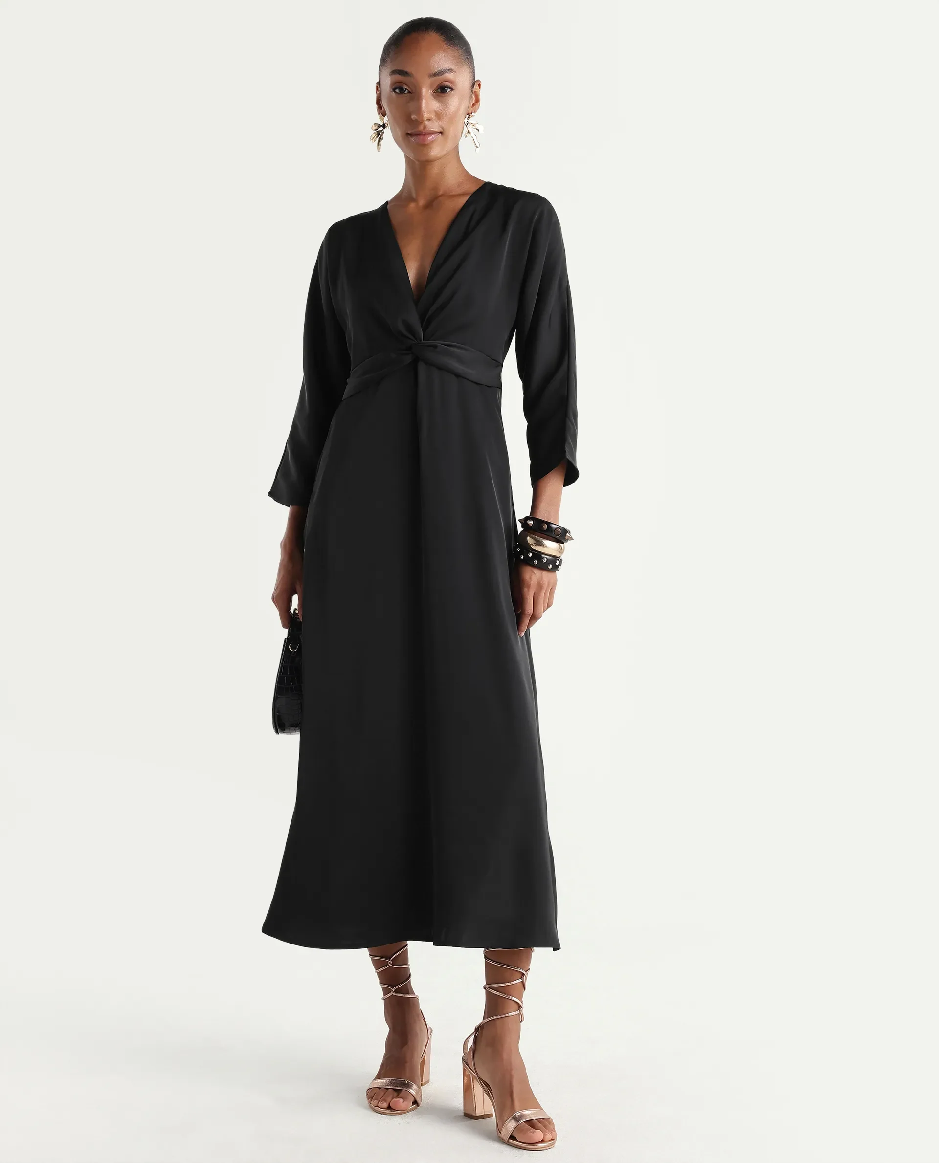 Rareism Women's Cleah Black Polyester 3/4Th Sleeve Flared Plain Dress - Image 2