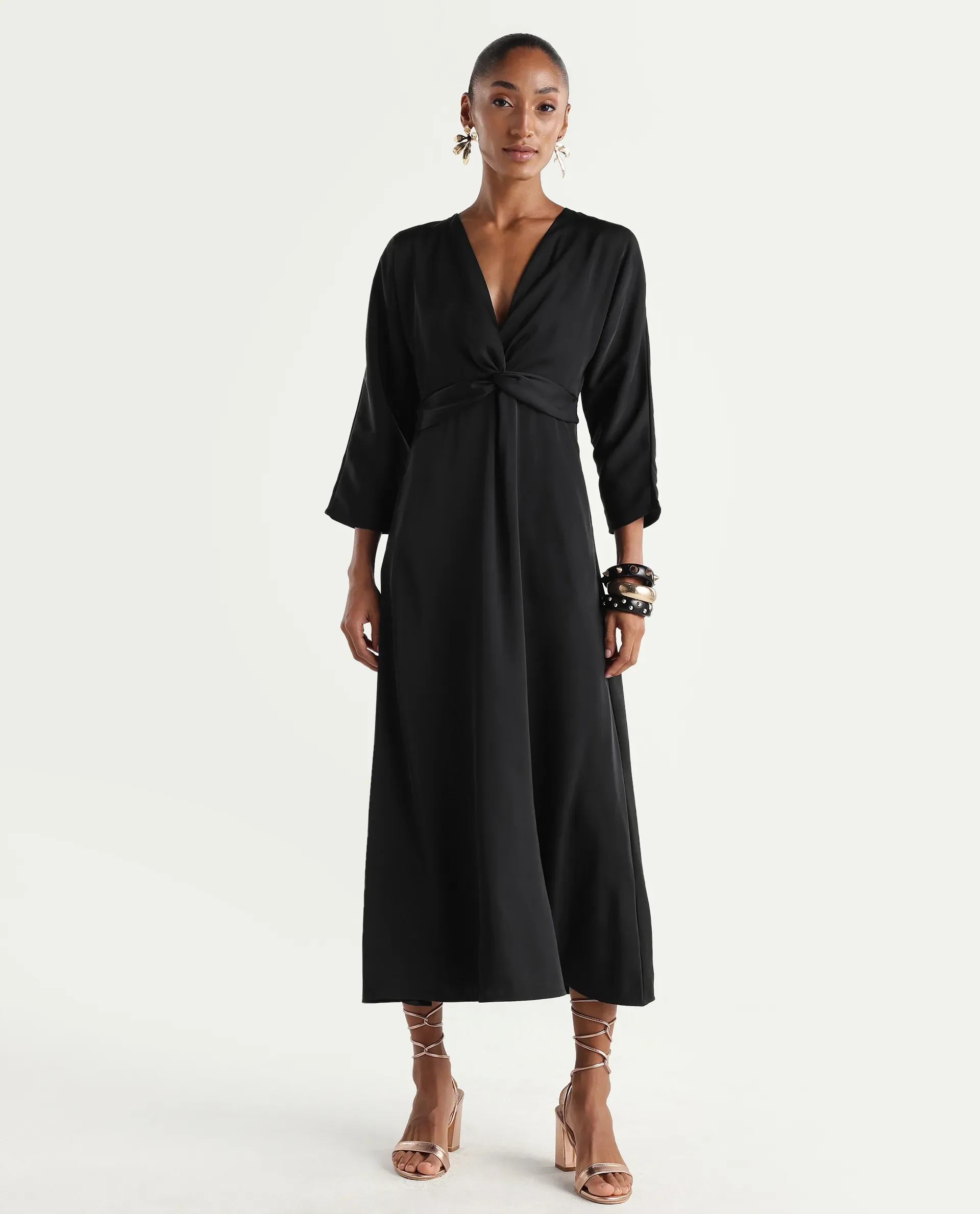 Rareism Women's Cleah Black Polyester 3/4Th Sleeve Flared Plain Dress - Image 4