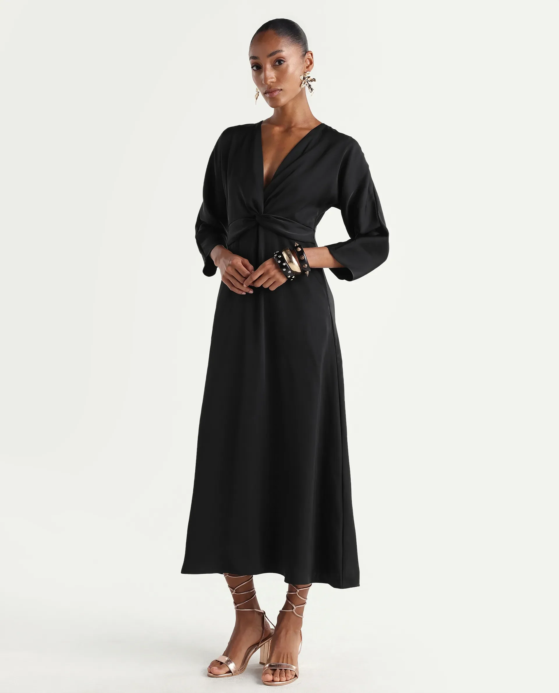 Rareism Women's Cleah Black Polyester 3/4Th Sleeve Flared Plain Dress - Image 5