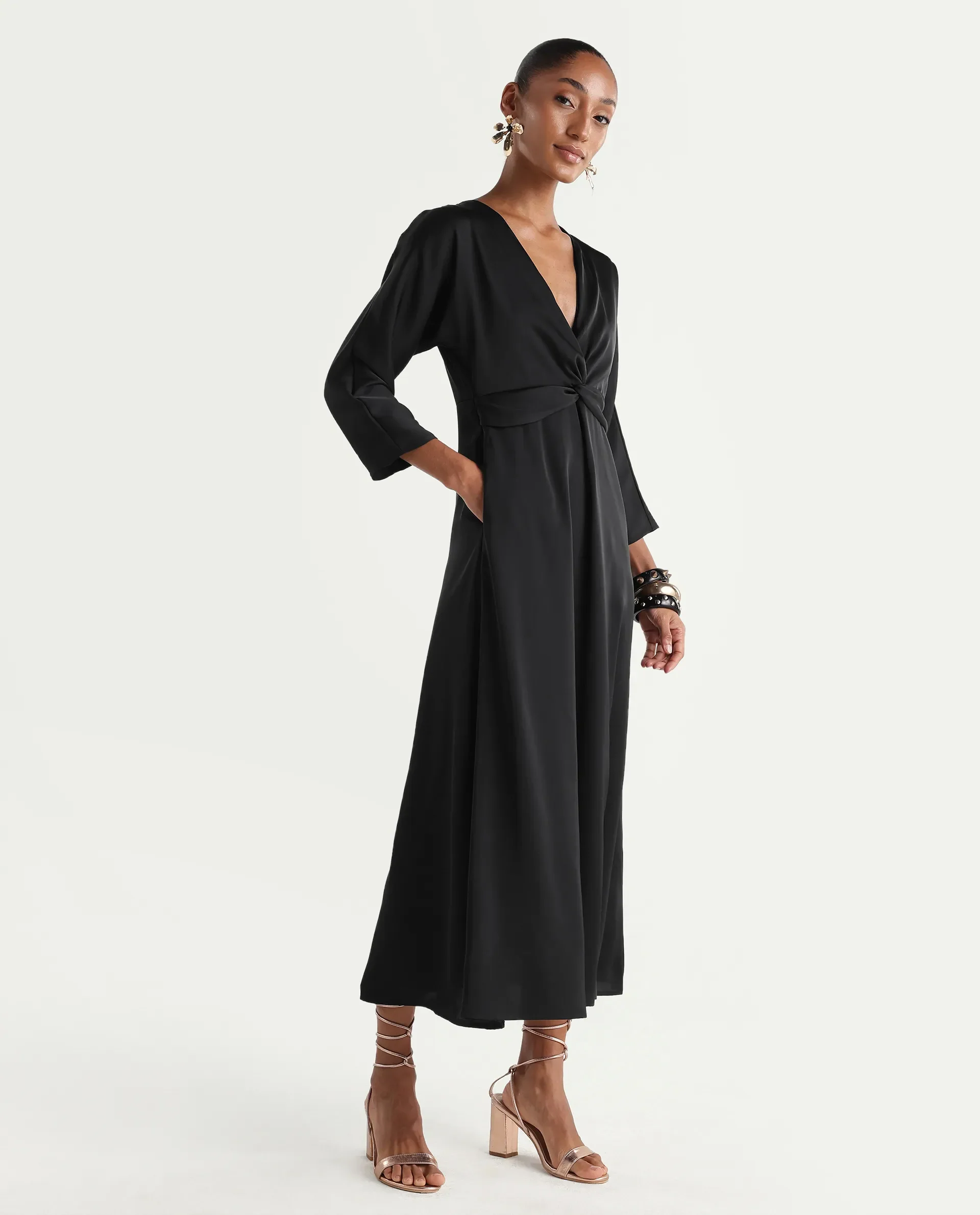 Rareism Women's Cleah Black Polyester 3/4Th Sleeve Flared Plain Dress - Image 6