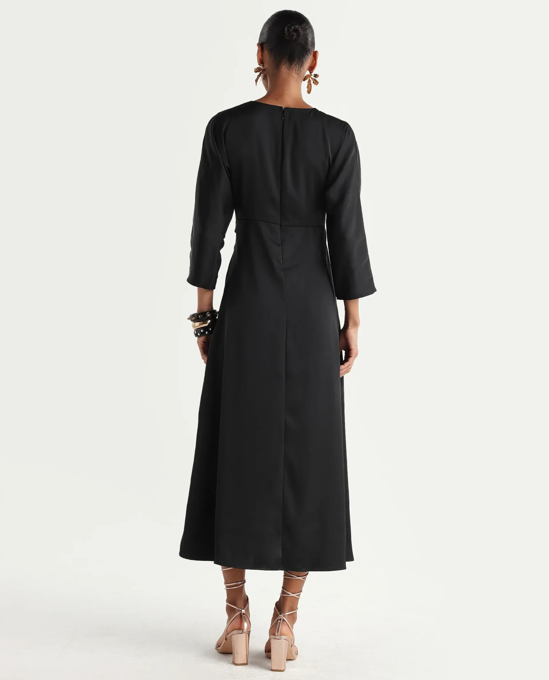 Rareism Women's Cleah Black Polyester 3/4Th Sleeve Flared Plain Dress - Image 7