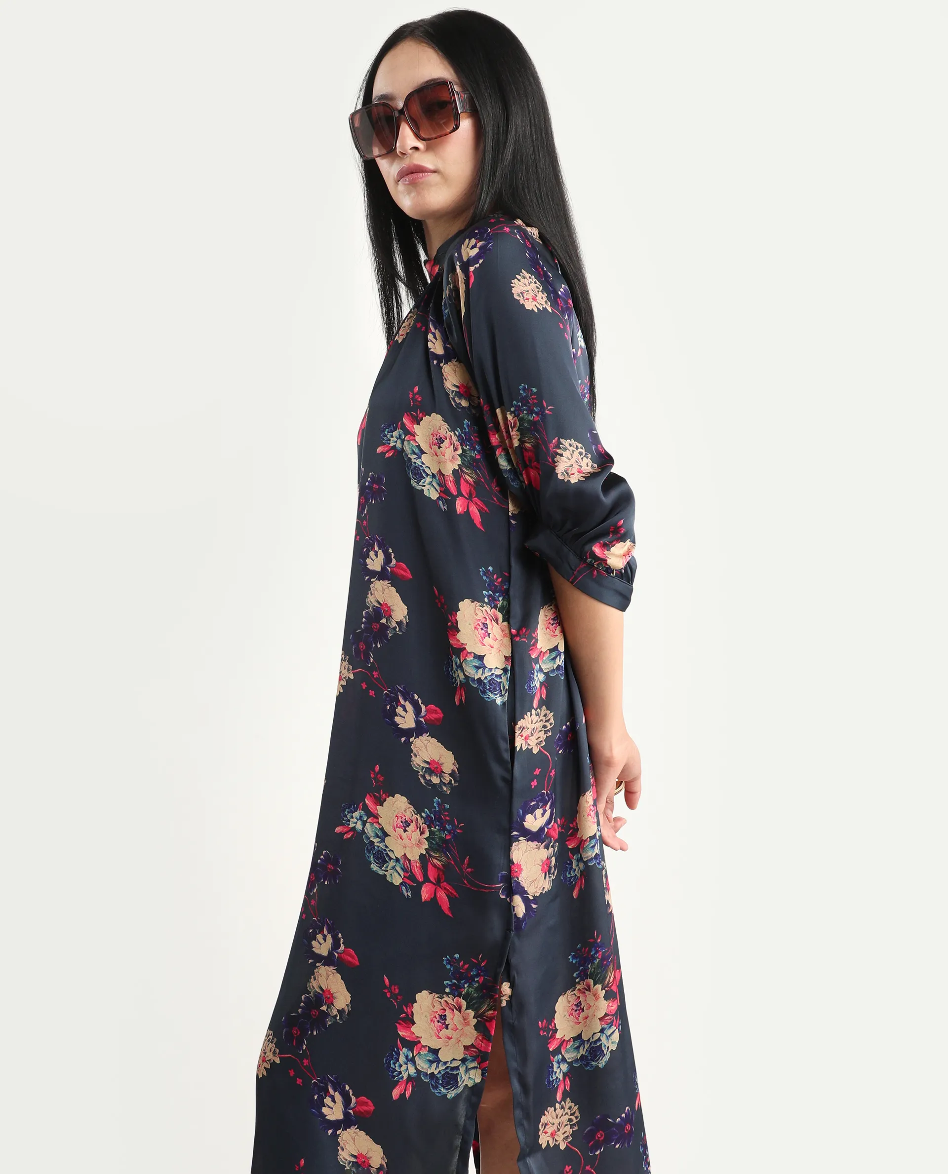 Rareism Women's Clem Navy Polyester High Neck Floral Print Volume Sleeve Knee Length Relaxed Fit Dress - Image 2