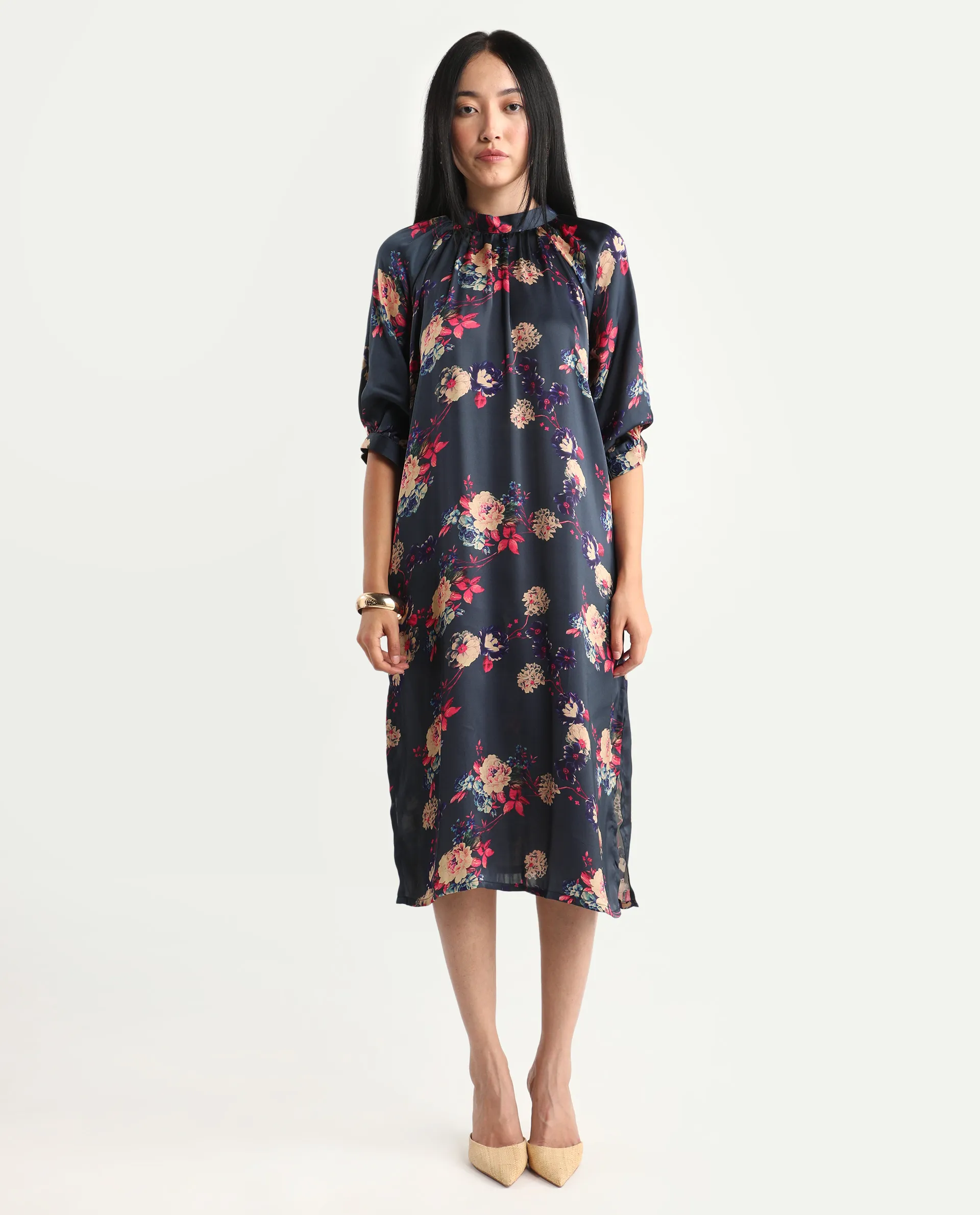 Rareism Women's Clem Navy Polyester High Neck Floral Print Volume Sleeve Knee Length Relaxed Fit Dress - Image 3