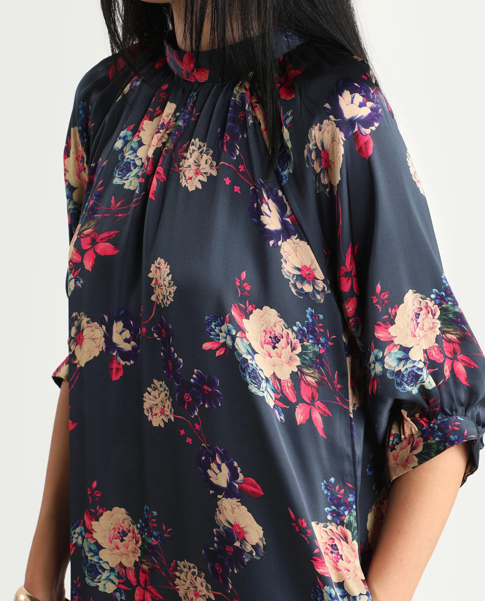 Rareism Women's Clem Navy Polyester High Neck Floral Print Volume Sleeve Knee Length Relaxed Fit Dress - Image 4
