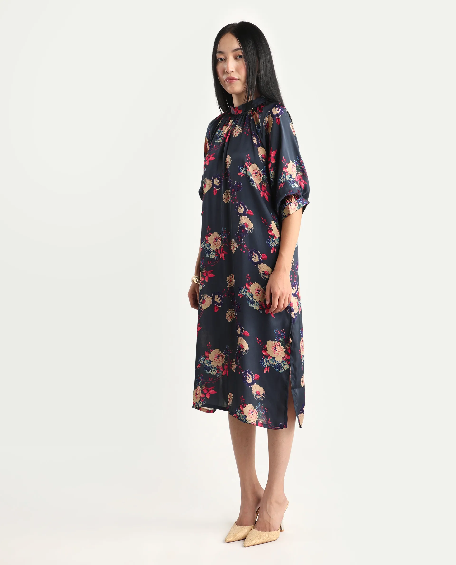 Rareism Women's Clem Navy Polyester High Neck Floral Print Volume Sleeve Knee Length Relaxed Fit Dress - Image 5