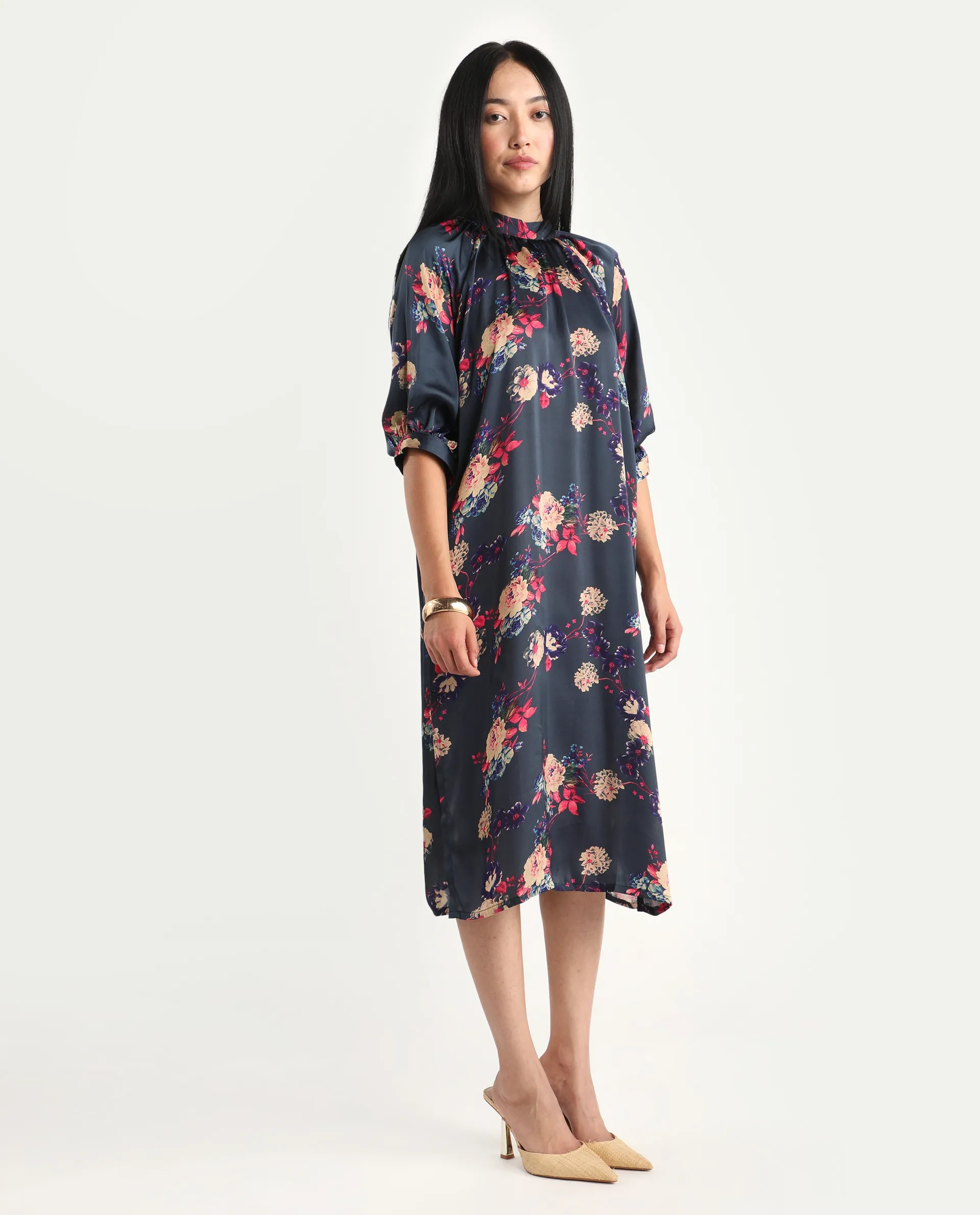 Rareism Women's Clem Navy Polyester High Neck Floral Print Volume Sleeve Knee Length Relaxed Fit Dress - Image 6