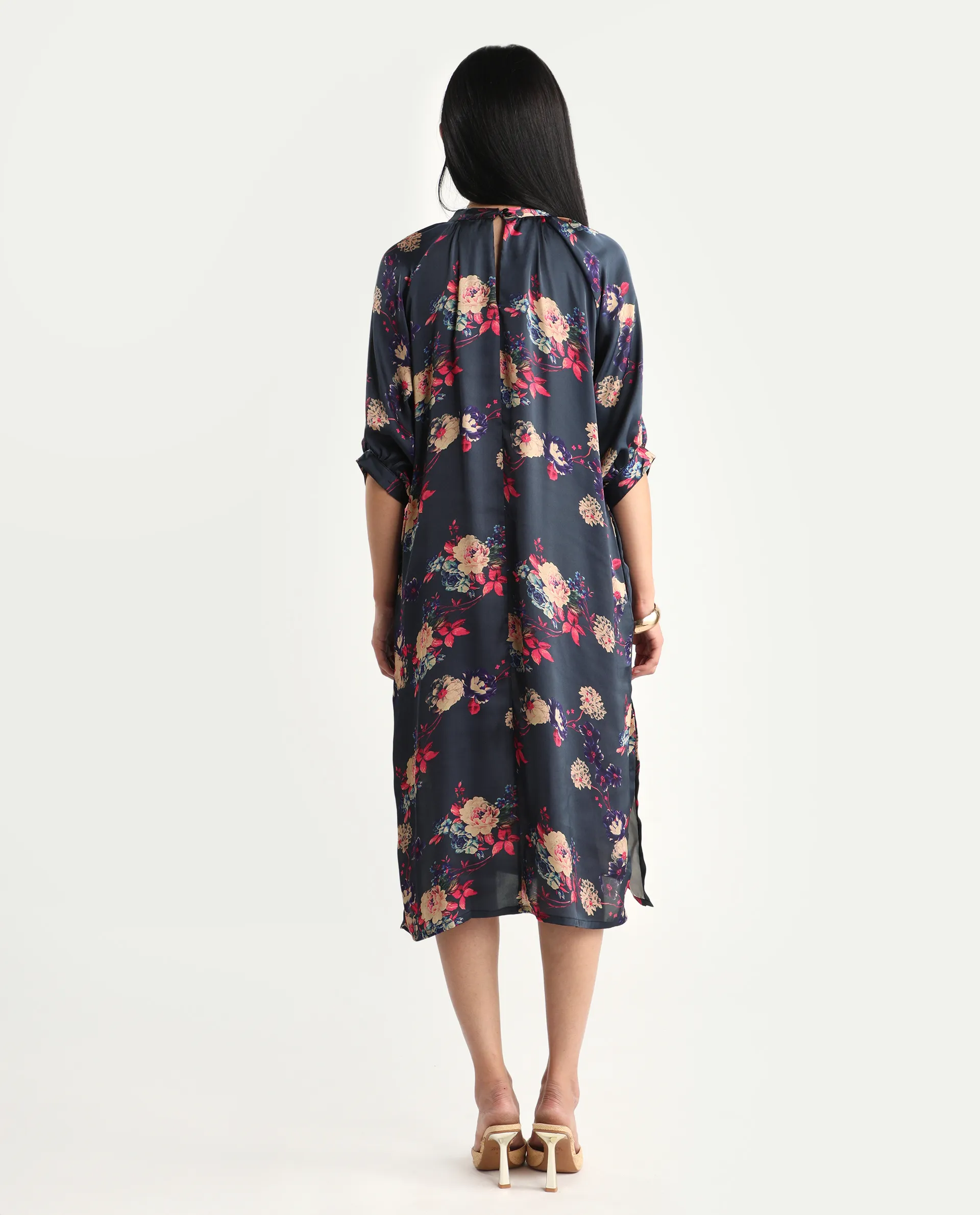 Rareism Women's Clem Navy Polyester High Neck Floral Print Volume Sleeve Knee Length Relaxed Fit Dress - Image 7