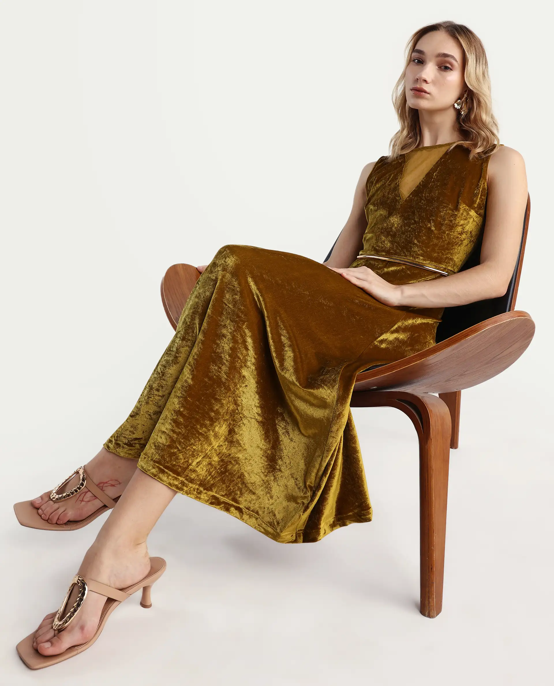 Rareism Women's Clementi Olive Velvet V-Neck Plain Sleeveless Maxi Fit And Flare Dress - Image 2