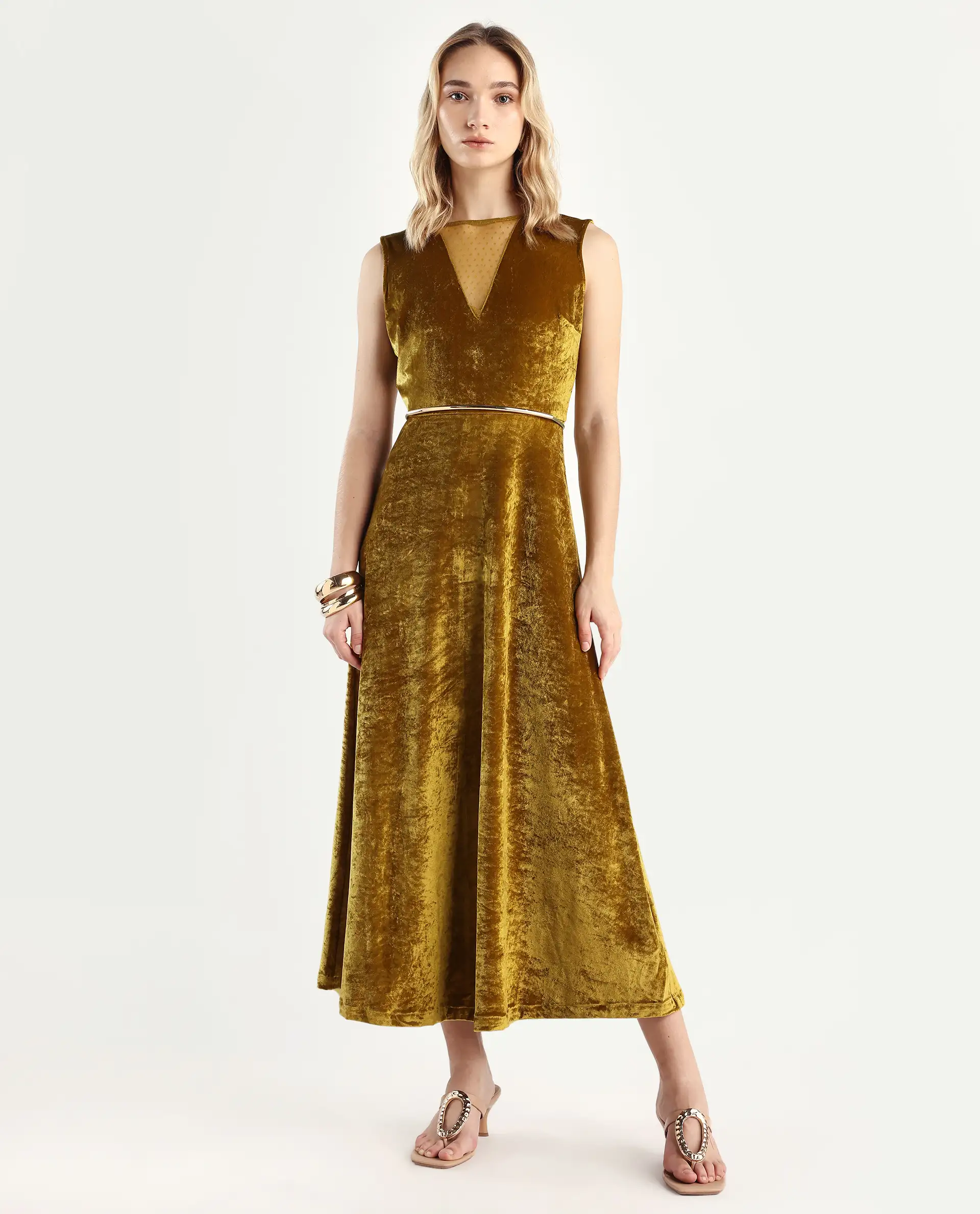 Rareism Women's Clementi Olive Velvet V-Neck Plain Sleeveless Maxi Fit And Flare Dress - Image 3