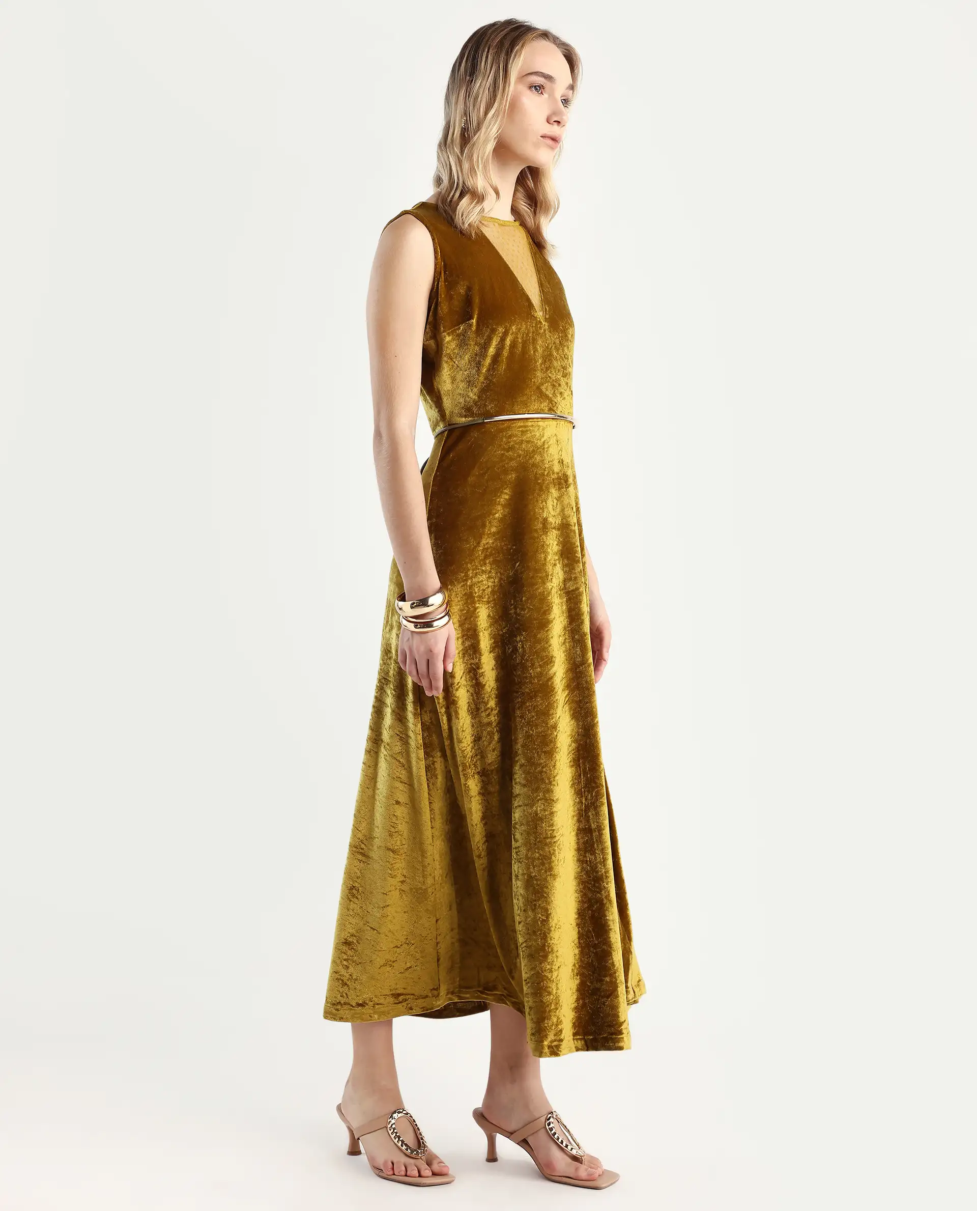Rareism Women's Clementi Olive Velvet V-Neck Plain Sleeveless Maxi Fit And Flare Dress - Image 6