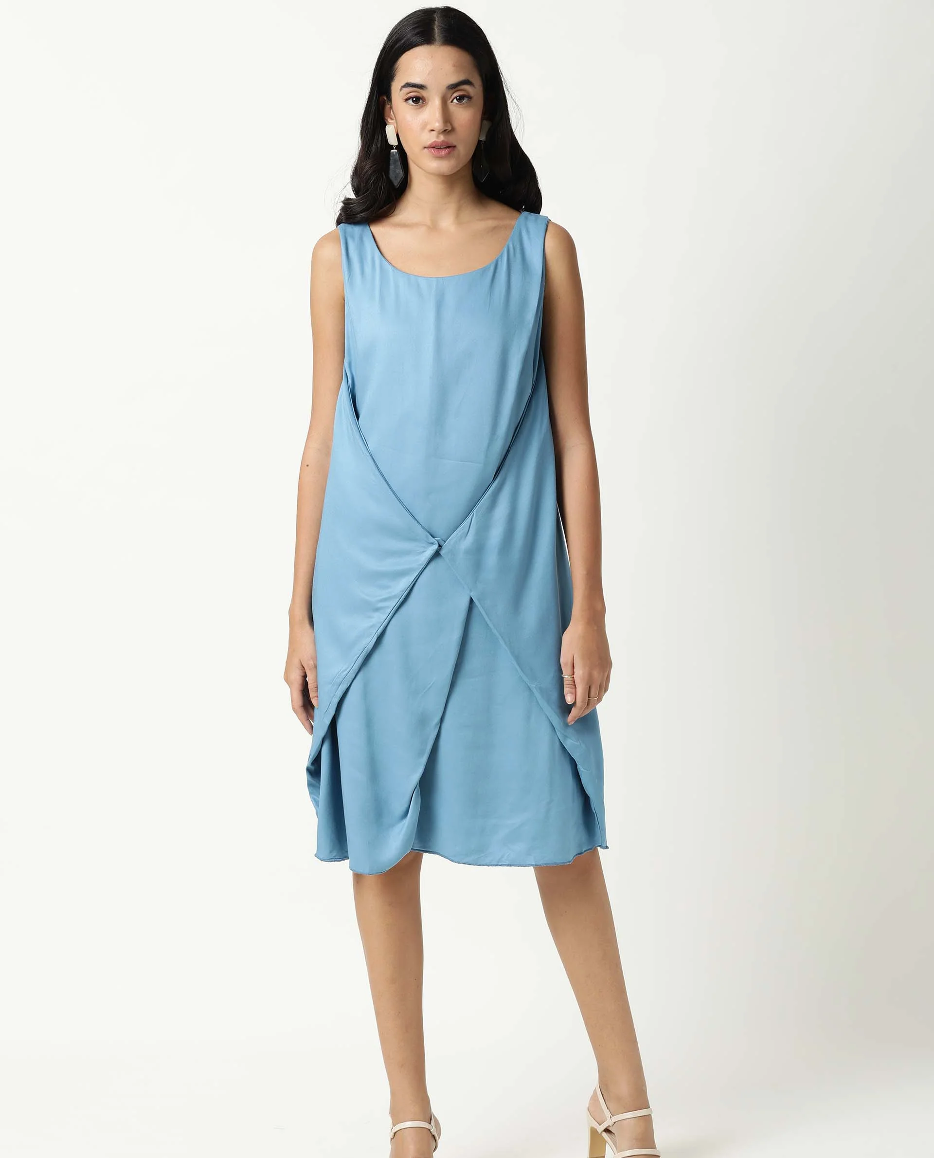 Rareism Women's Clenzo Blue Tencel Crew Neck Plain Sleeveless Knee Length Regular Fit Dress - Image 2