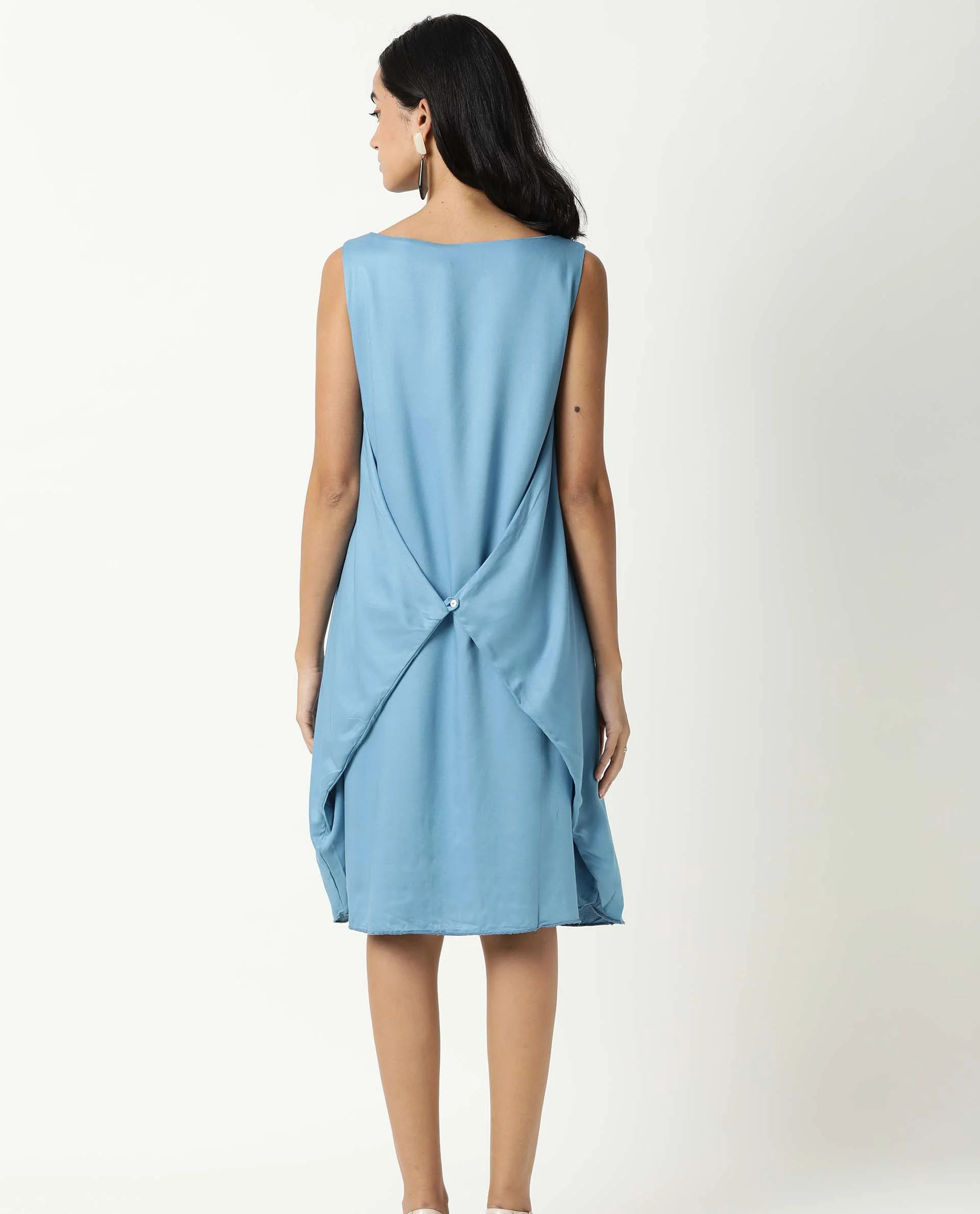 Rareism Women's Clenzo Blue Tencel Crew Neck Plain Sleeveless Knee Length Regular Fit Dress - Image 3