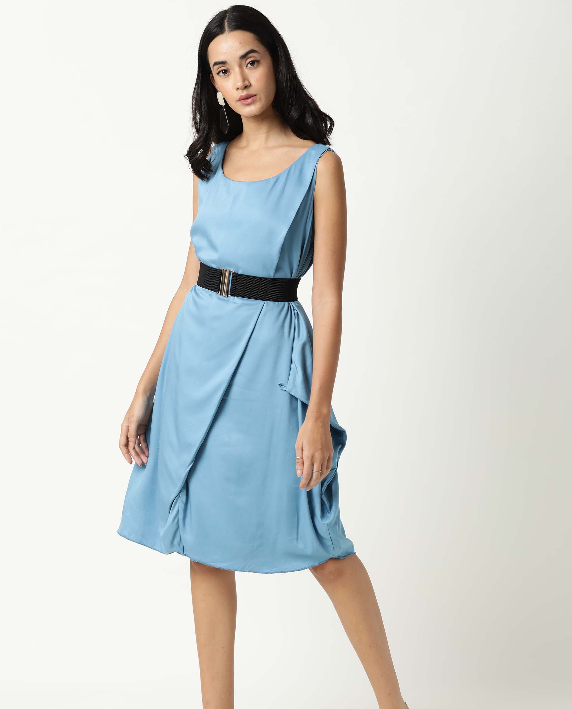 Rareism Women's Clenzo Blue Tencel Crew Neck Plain Sleeveless Knee Length Regular Fit Dress - Image 4