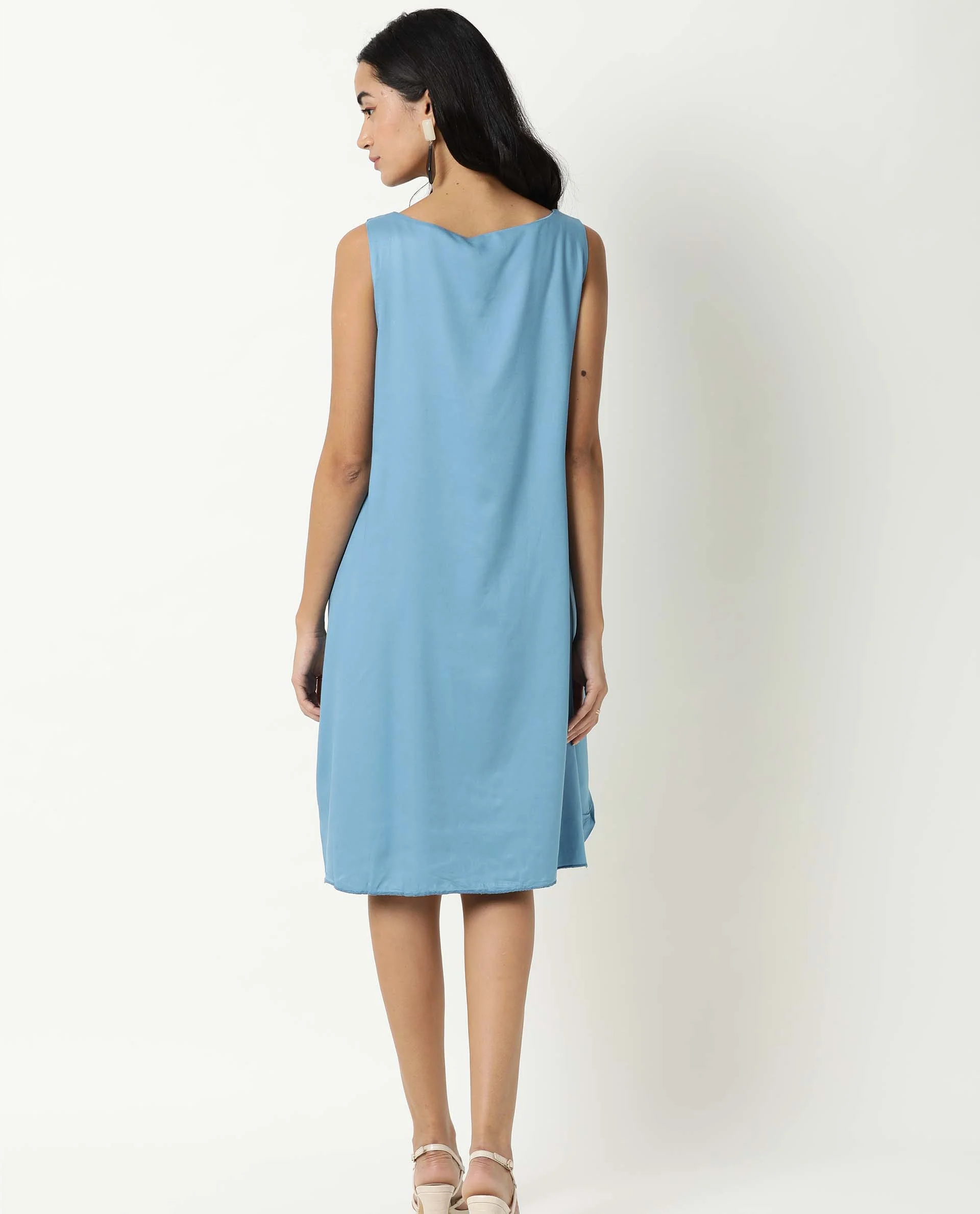 Rareism Women's Clenzo Blue Tencel Crew Neck Plain Sleeveless Knee Length Regular Fit Dress - Image 5
