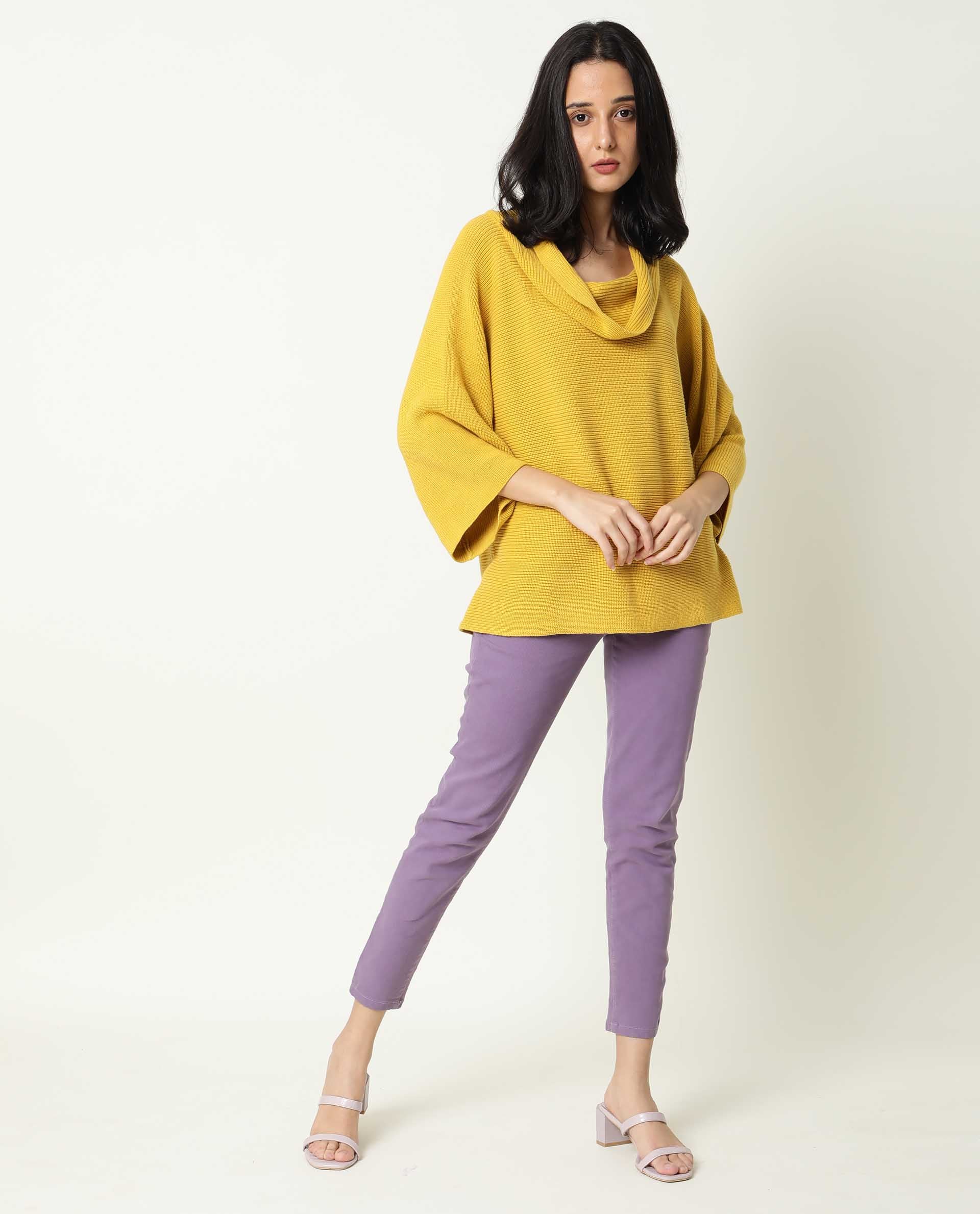 Rareism Women's Cleo Mustard Cowl Neck Plain Relaxed Fit Sweater - Image 2