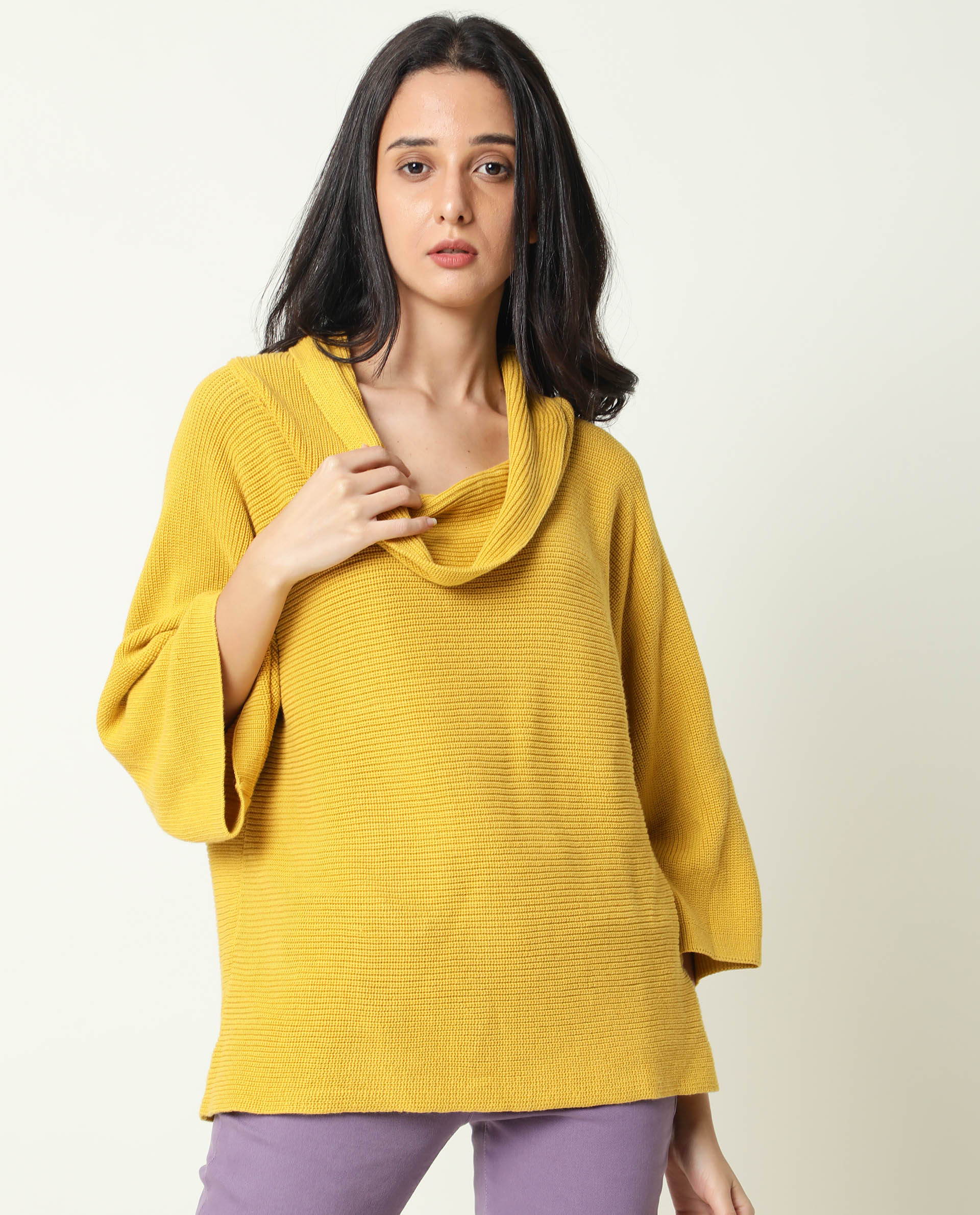 Rareism Women's Cleo Mustard Cowl Neck Plain Relaxed Fit Sweater - Image 4