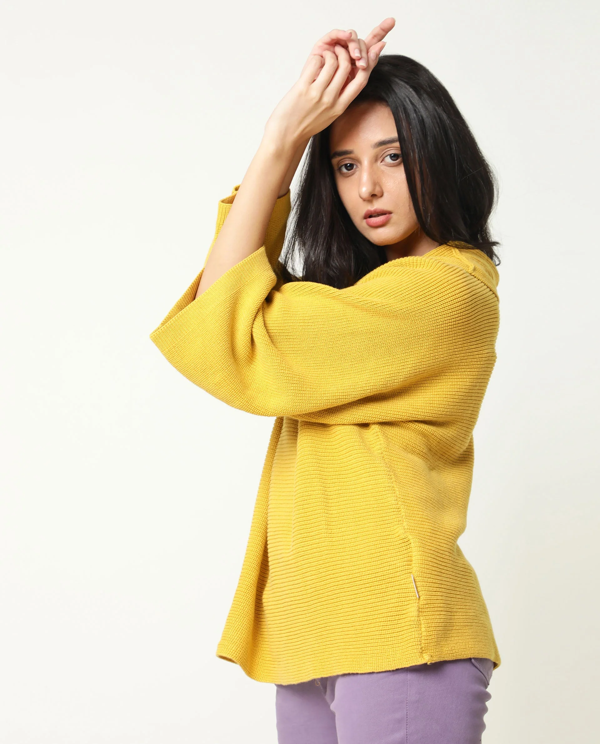 Rareism Women's Cleo Mustard Cowl Neck Plain Relaxed Fit Sweater - Image 5