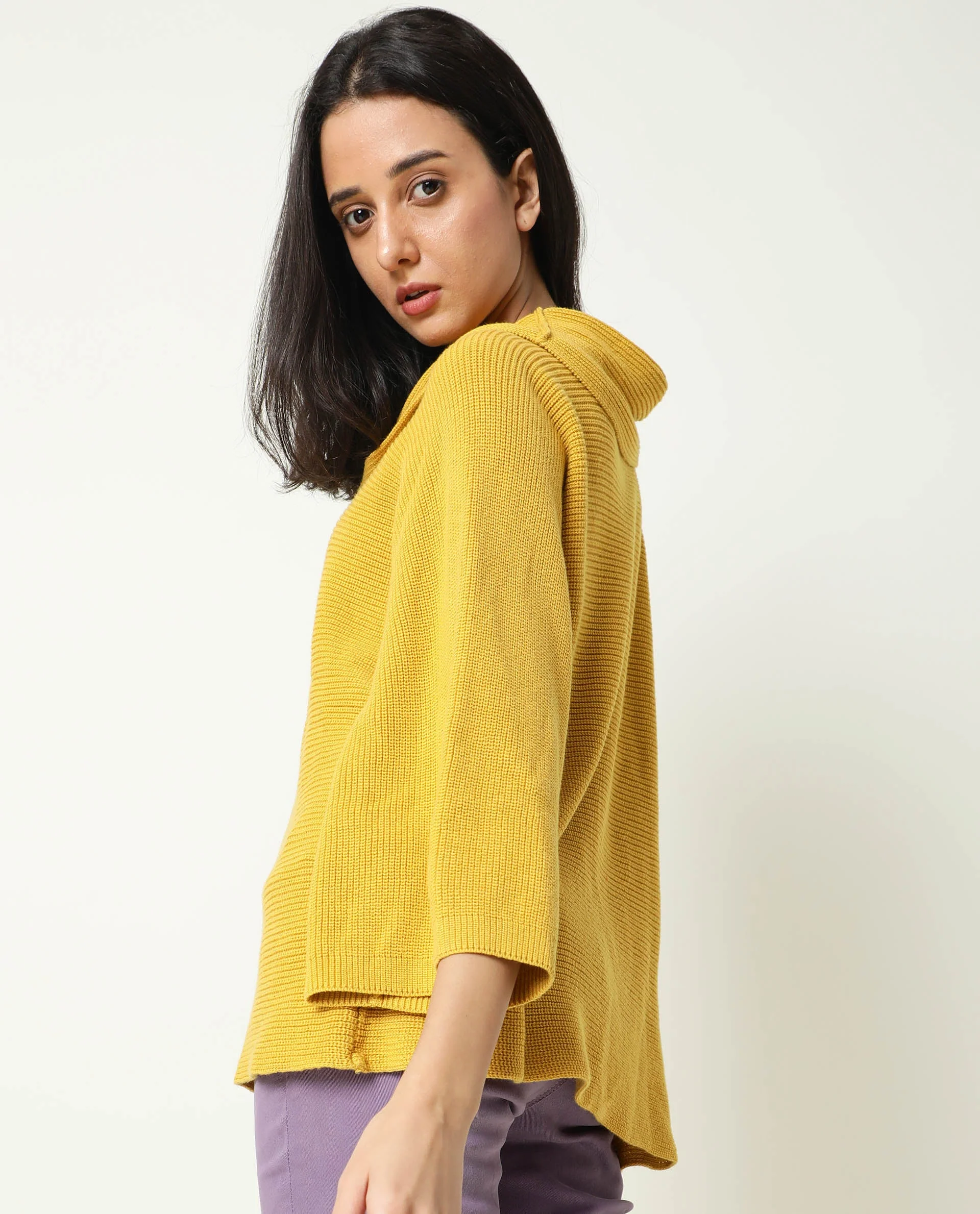 Rareism Women's Cleo Mustard Cowl Neck Plain Relaxed Fit Sweater - Image 6