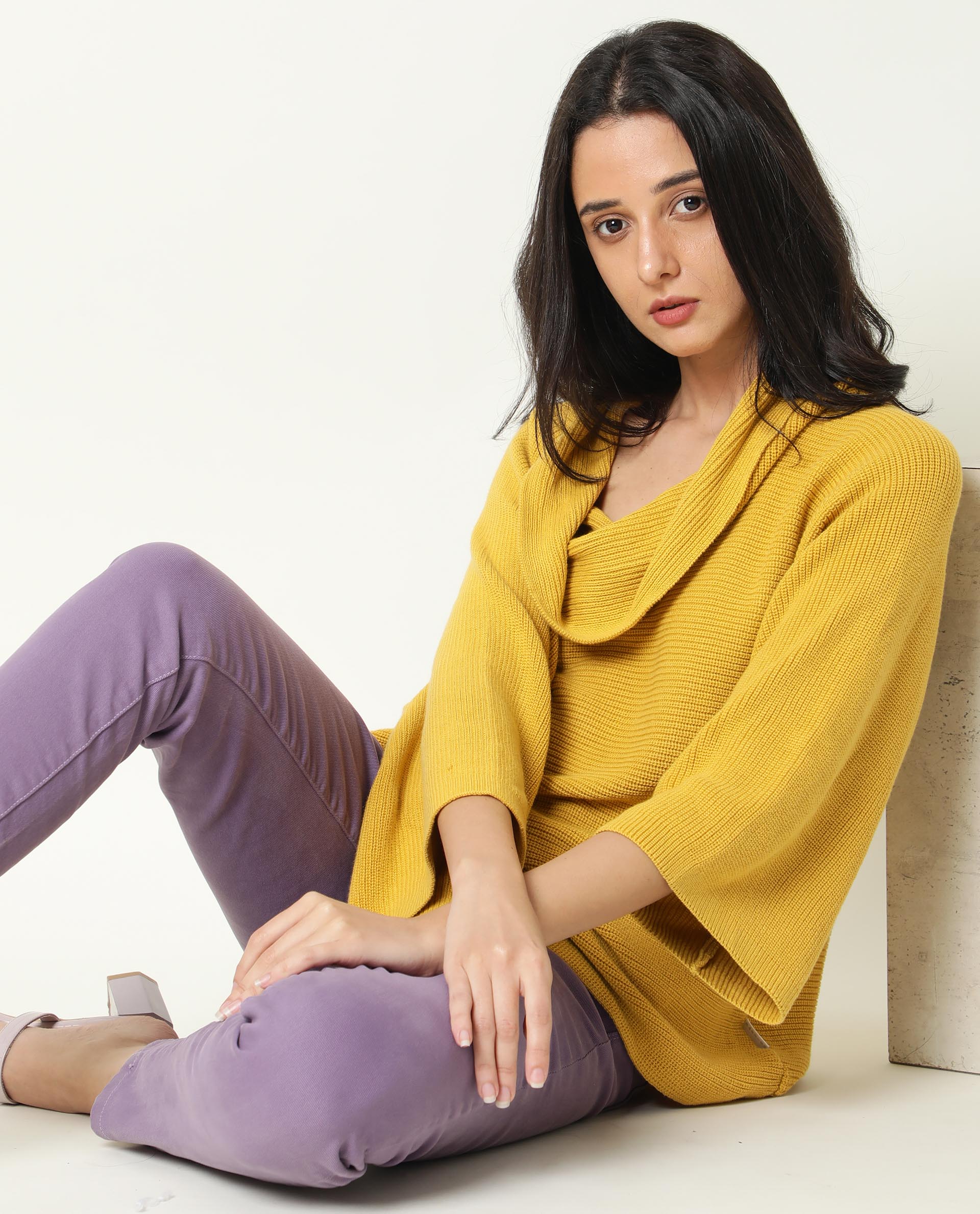 Rareism Women's Cleo Mustard Cowl Neck Plain Relaxed Fit Sweater - Image 9