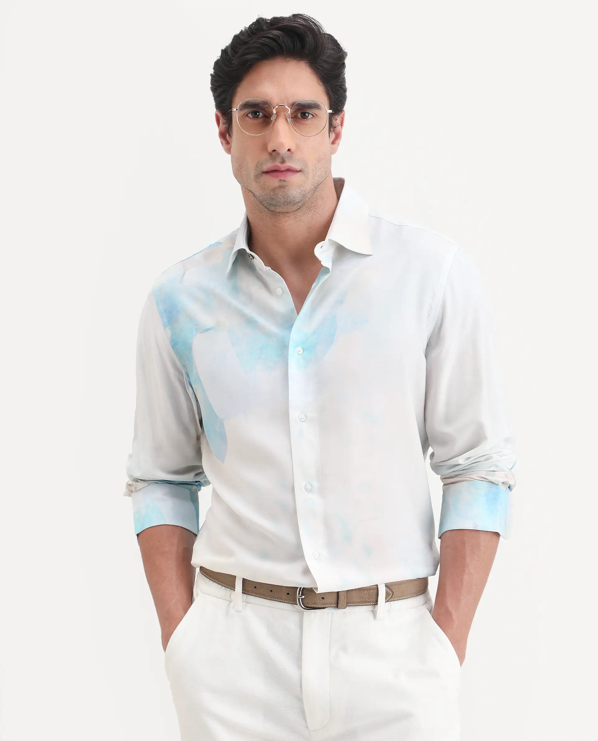 Rare Rabbit Men's Cleo White Viscose Fabric Full Sleeve Spread Collar Regular Fit Abstract Print Shirt