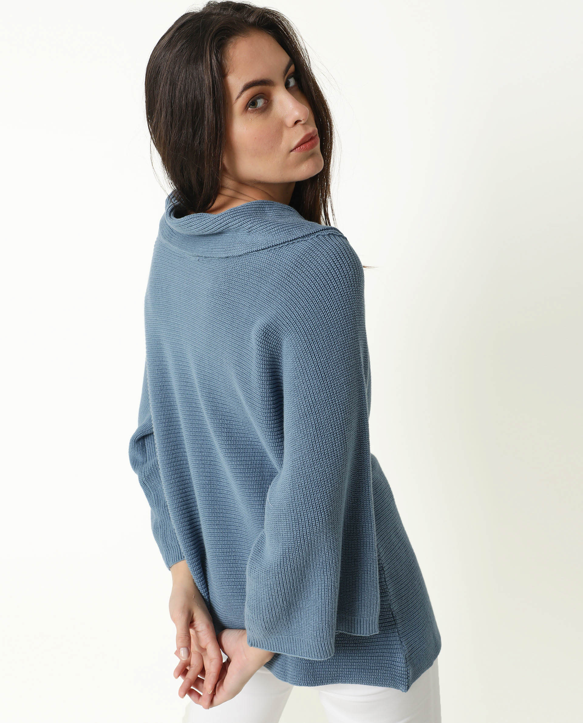 Rareism Women's Cleo Blue Cowl Neck Plain Relaxed Fit Sweater - Image 10