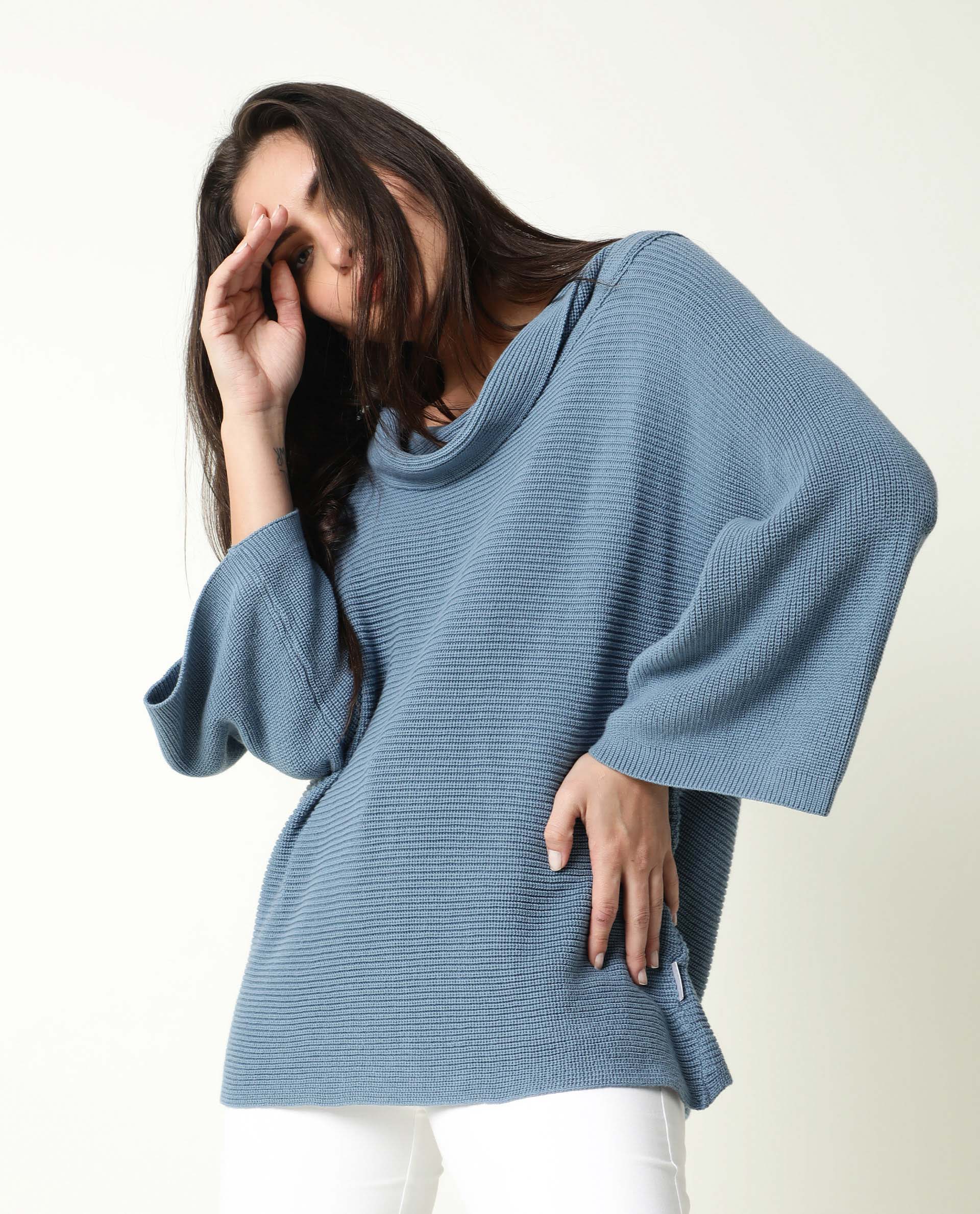 Rareism Women's Cleo Blue Cowl Neck Plain Relaxed Fit Sweater - Image 3
