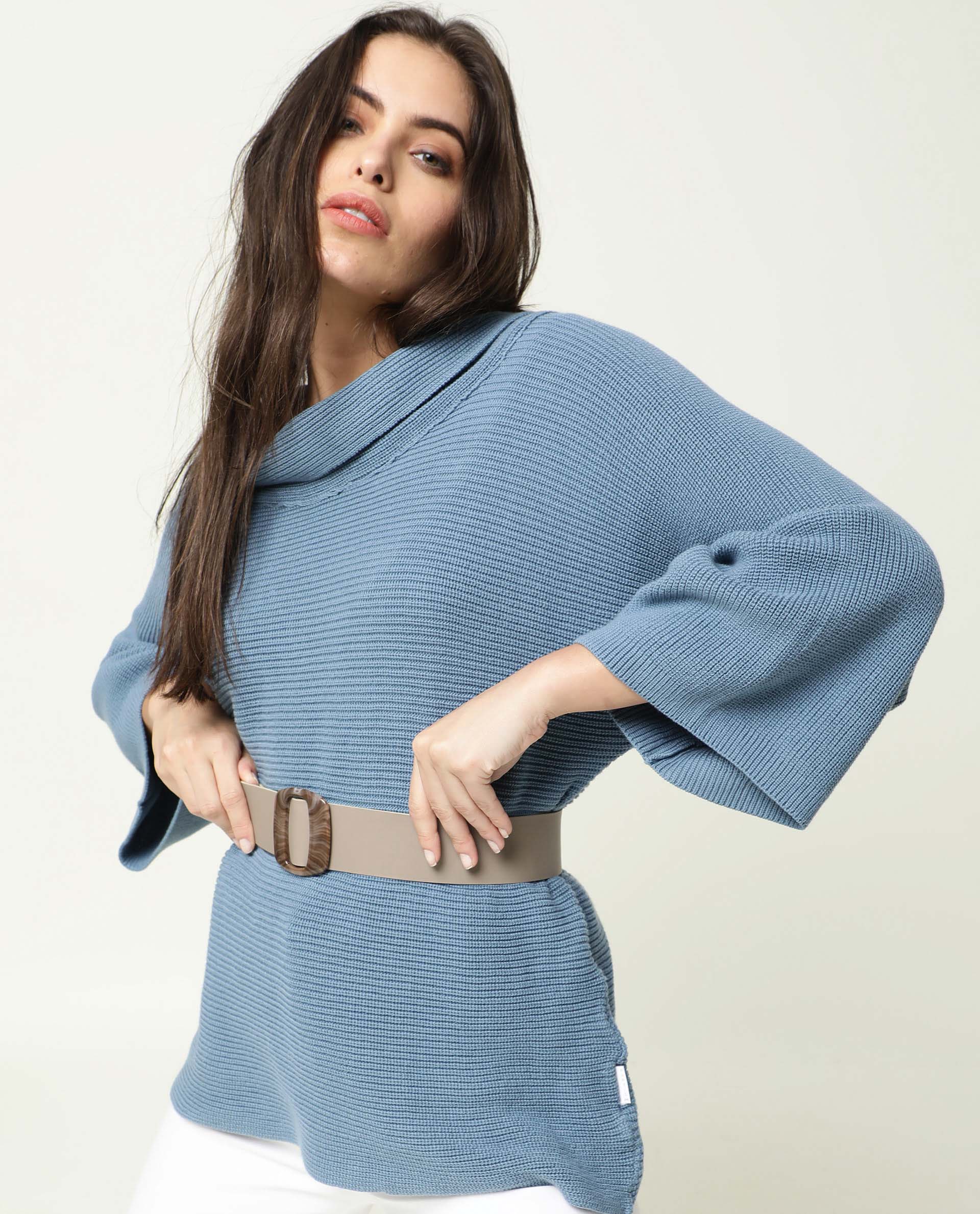 Rareism Women's Cleo Blue Cowl Neck Plain Relaxed Fit Sweater - Image 4