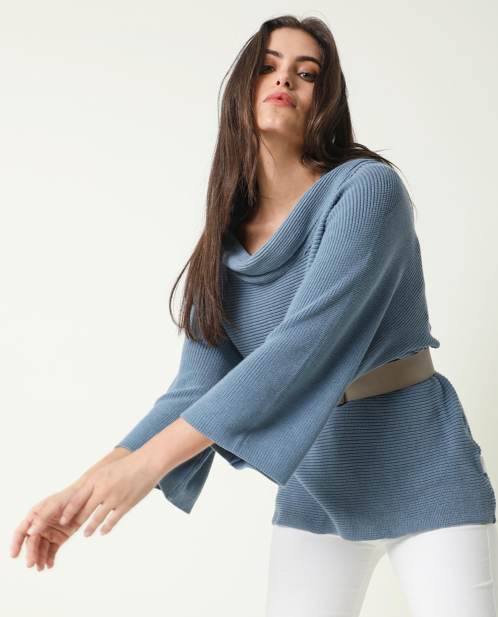 Rareism Women's Cleo Blue Cowl Neck Plain Relaxed Fit Sweater - Image 5