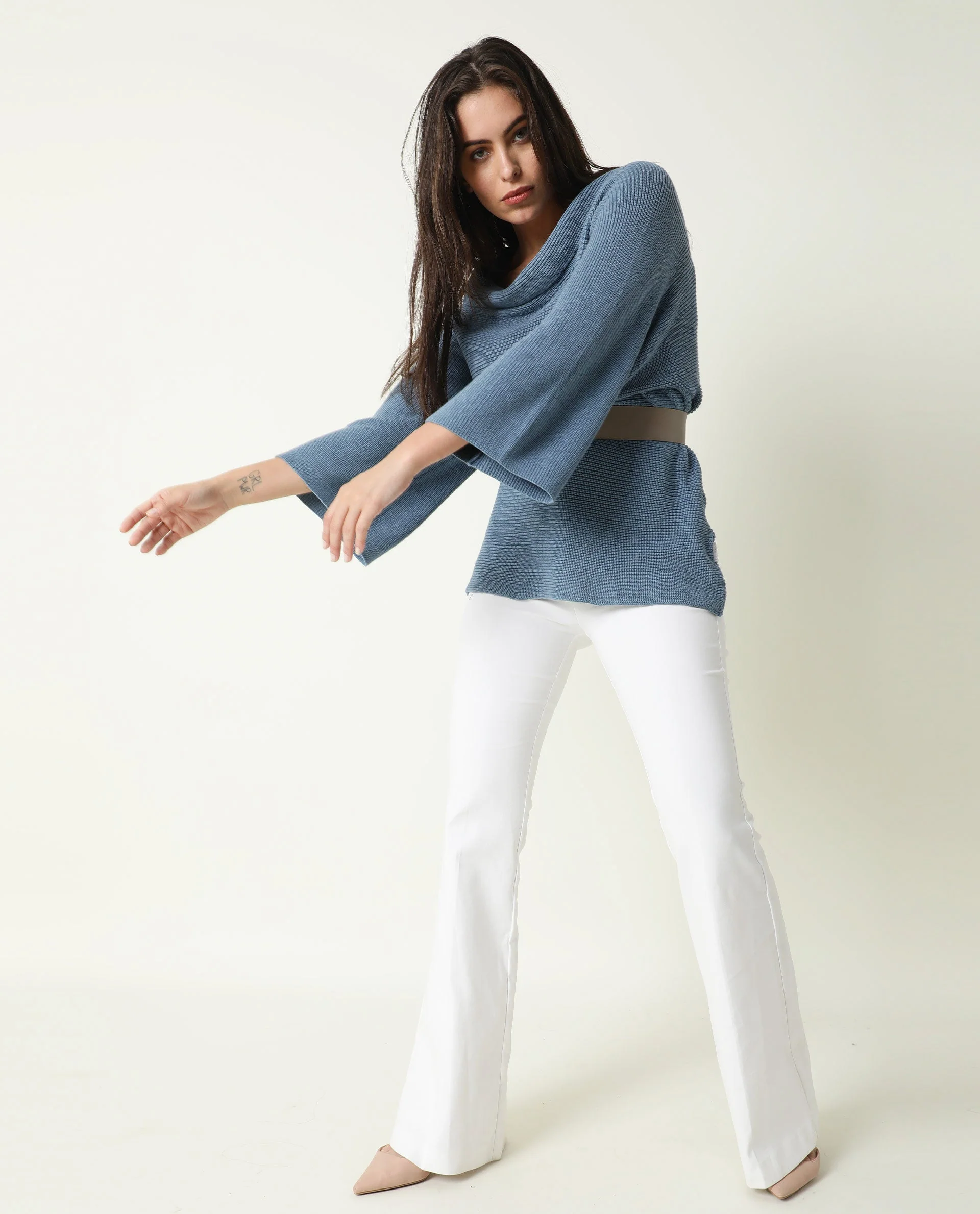 Rareism Women's Cleo Blue Cowl Neck Plain Relaxed Fit Sweater - Image 8