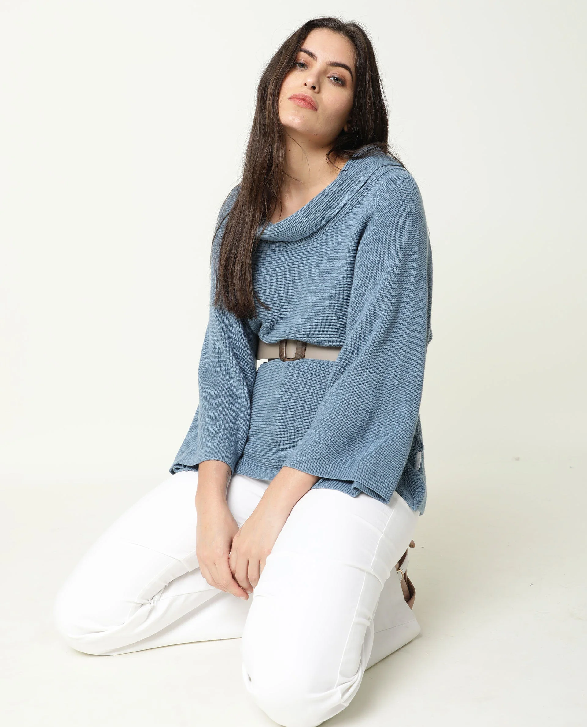 Rareism Women's Cleo Blue Cowl Neck Plain Relaxed Fit Sweater - Image 9