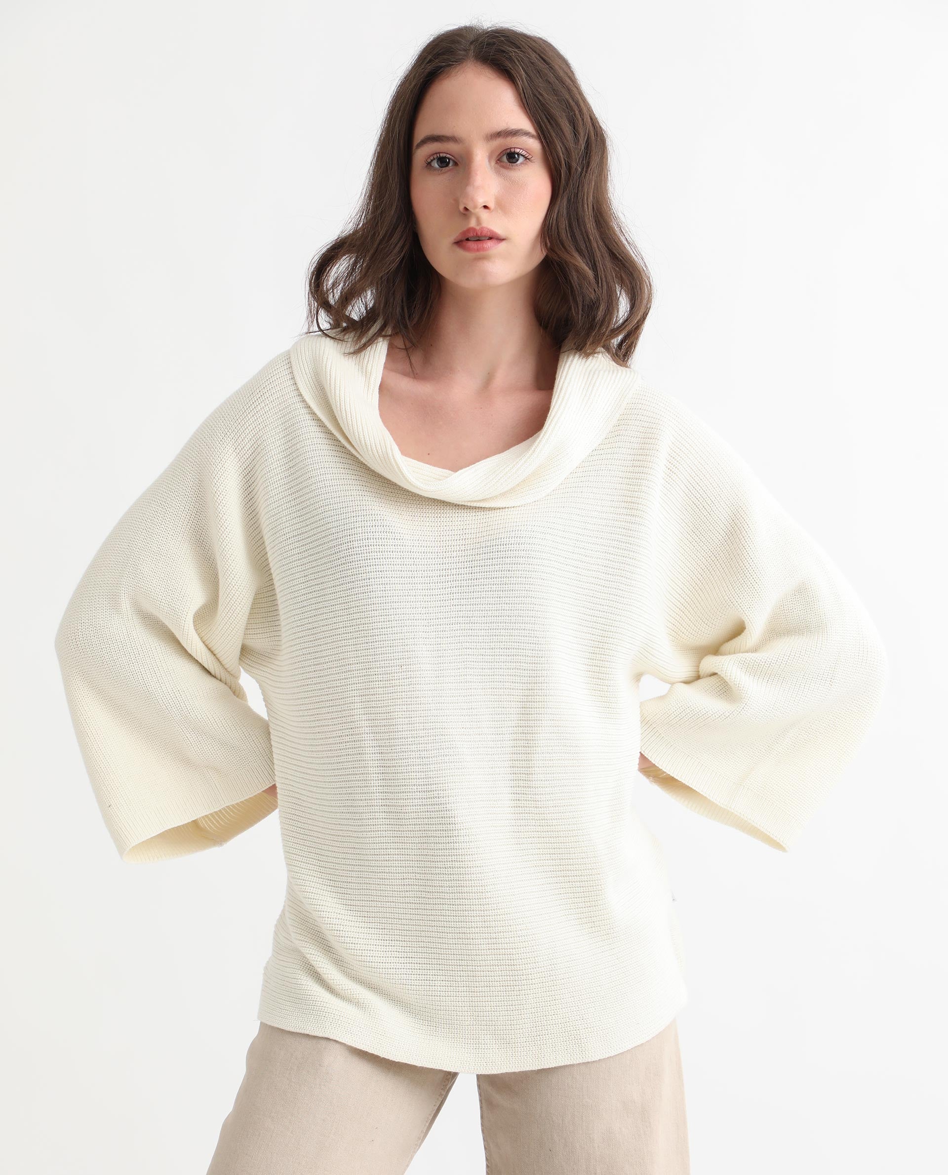 Rareism Women's Cleo Offwhite Cowl Neck Plain Relaxed Fit Sweater - Image 11