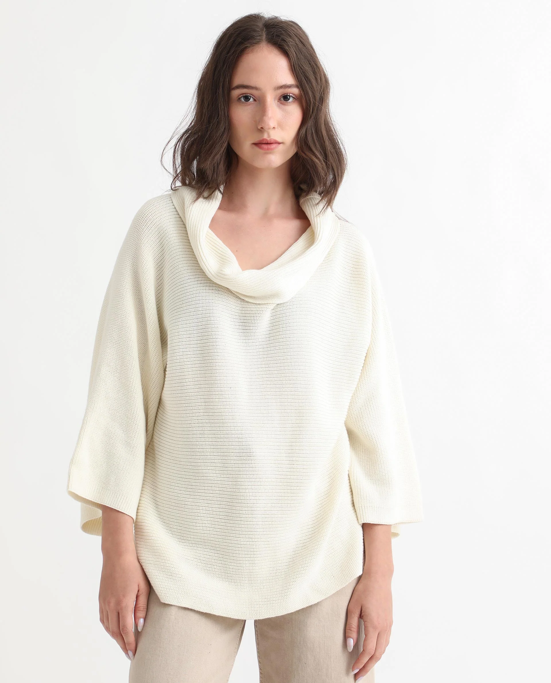 Rareism Women's Cleo Offwhite Cowl Neck Plain Relaxed Fit Sweater - Image 3