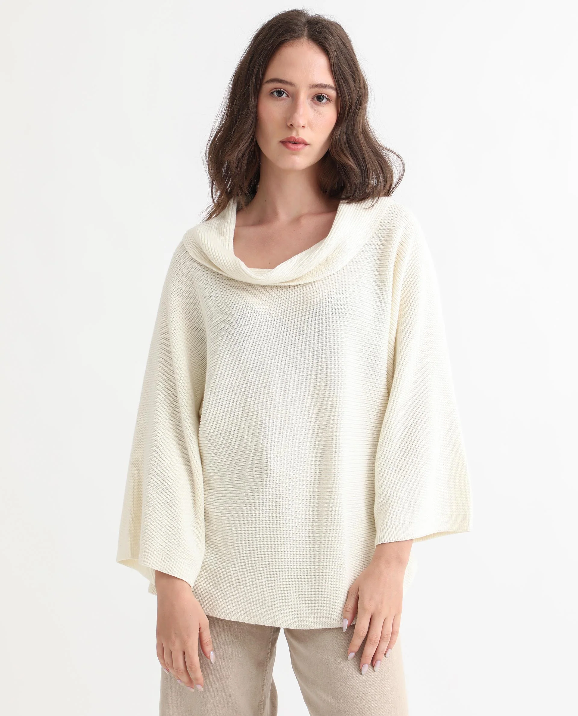 Rareism Women's Cleo Offwhite Cowl Neck Plain Relaxed Fit Sweater - Image 4